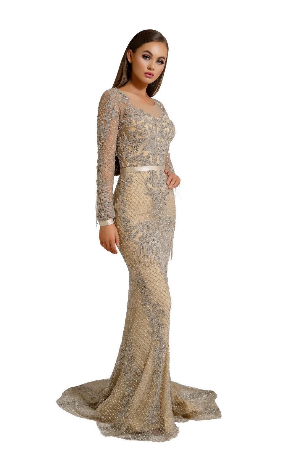 Formal Dresses Long Sleeve Fitted Formal Gown Silver Nude