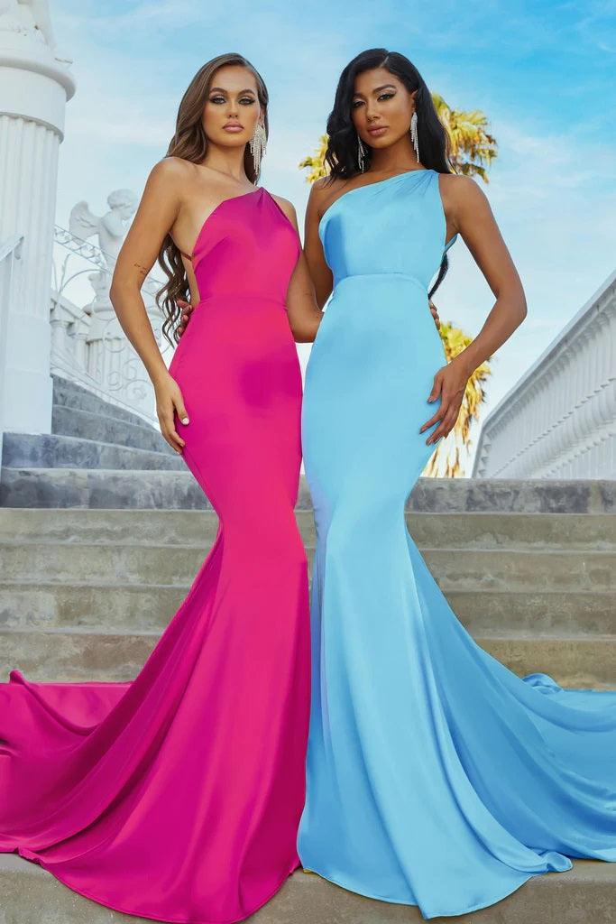 Portia and Scarlett PS22358 -long- Asymmetric Neck Trumpet Gown with Train for a Striking Entrance - Blue / 14 Portia and Scarlett PS22358 -long- Asymmetric Neck Trumpet Gown with Train for a Striking Entrance - Blue / 14