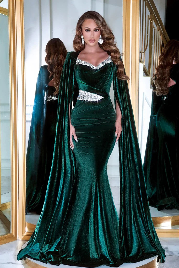 Portia and Scarlett PS23394 Long Cape Sleeve Velvet Mermaid Prom Gown Portia and Scarlett PS23394 Long Cape Sleeve Velvet Mermaid Prom Gown