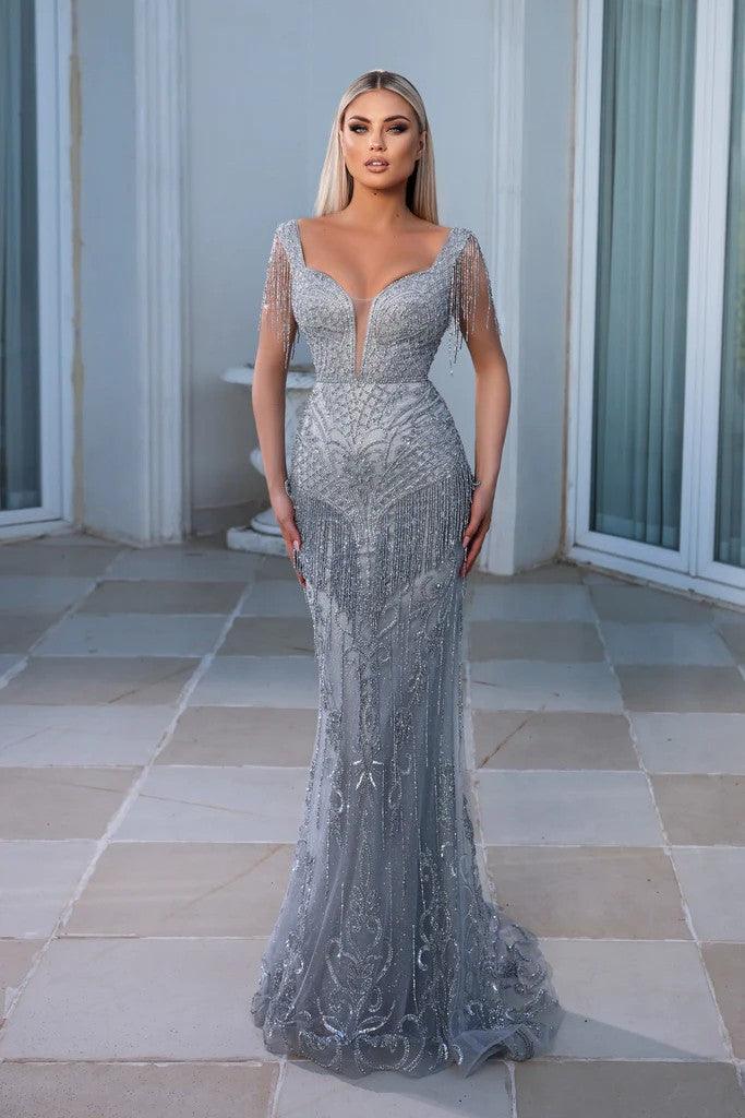 Prom Dresses Long Cap Sleeve Fringe Prom Gown Silver
