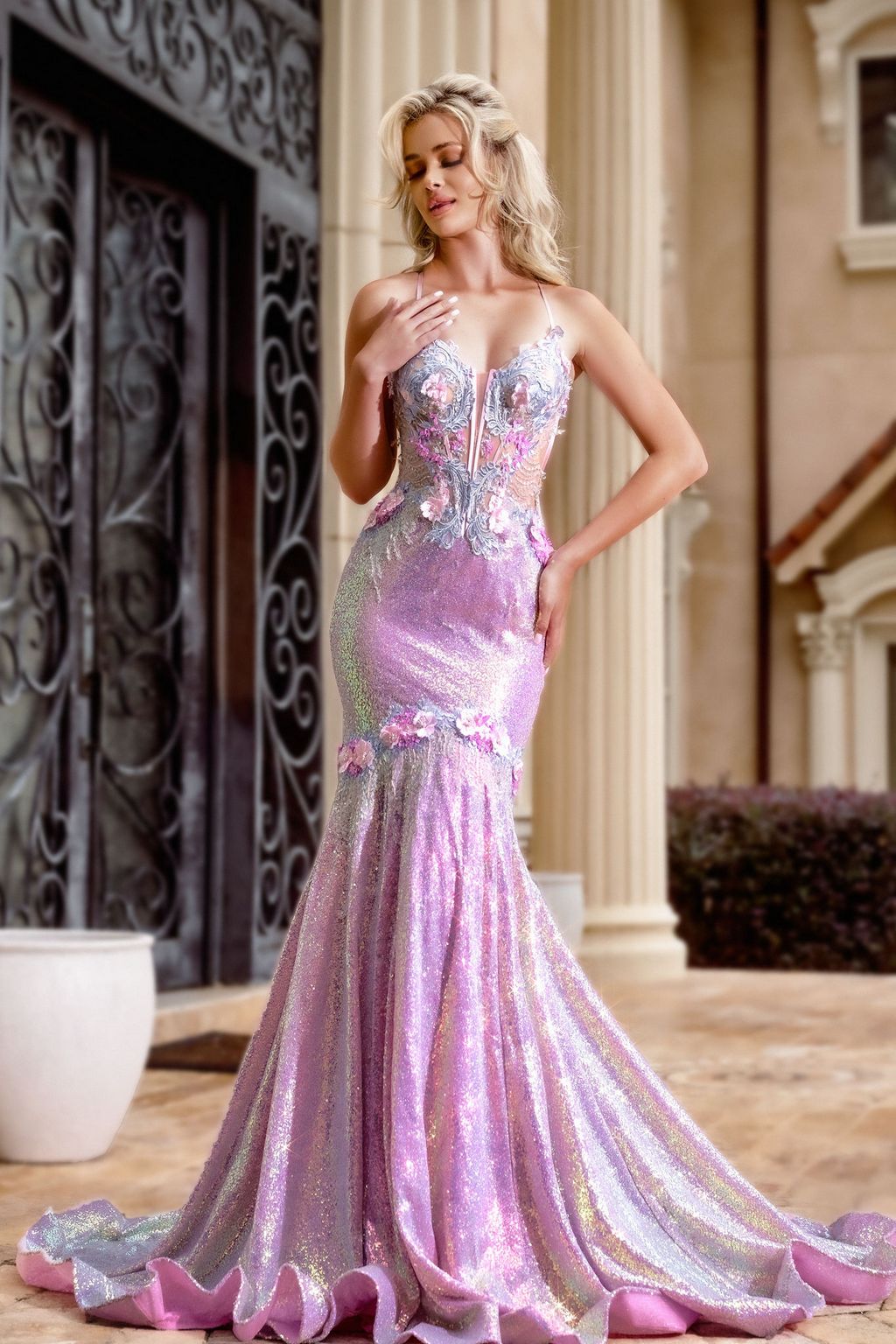 Portia and Scarlett PS24250 Long Formal Iridescent Sequin Prom Dress The Dress Outlet Portia and Scarlett PS24250 Long Formal Iridescent Sequin Prom Dress The Dress Outlet