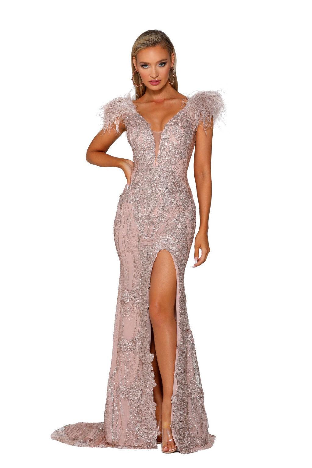 Portia and Scarlett PS6072 Long Cap Sleeve Glitter Lace Formal Gown