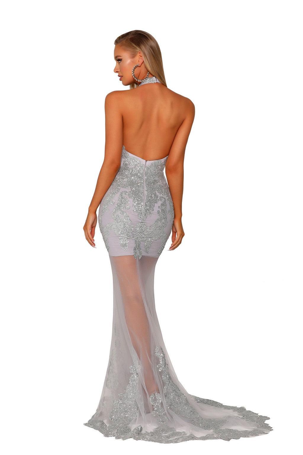 Prom Dresses Long Halter Mermaid Prom Gown Silver