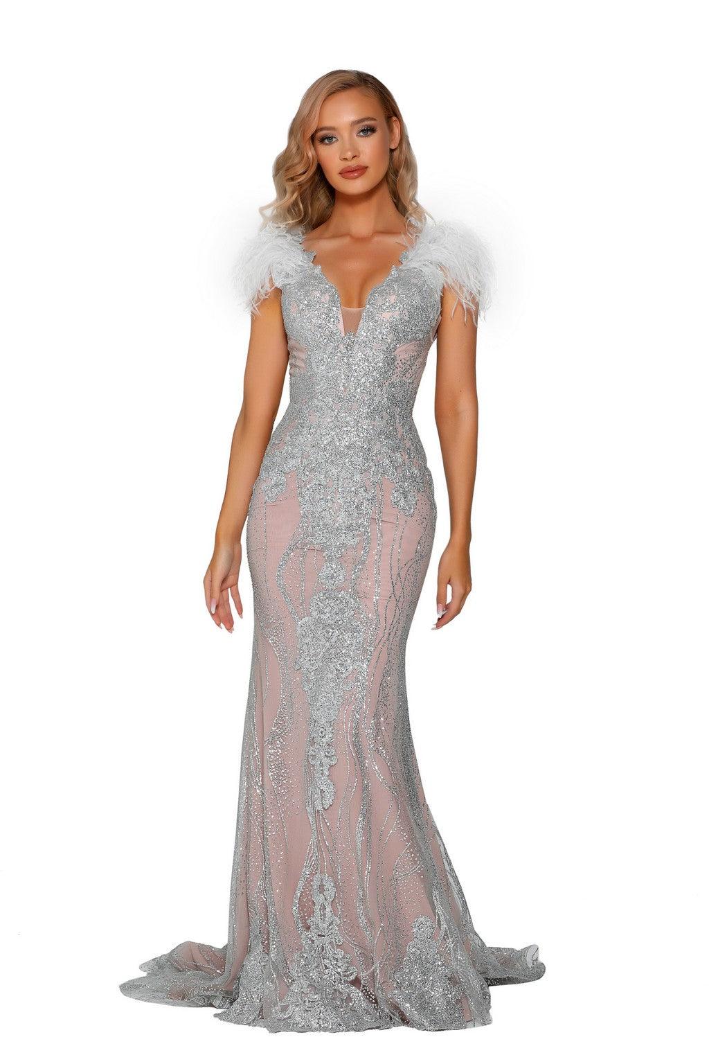 Portia and Scarlett PS6095 Long Feather Cap Sleeve Mermaid Formal Gown