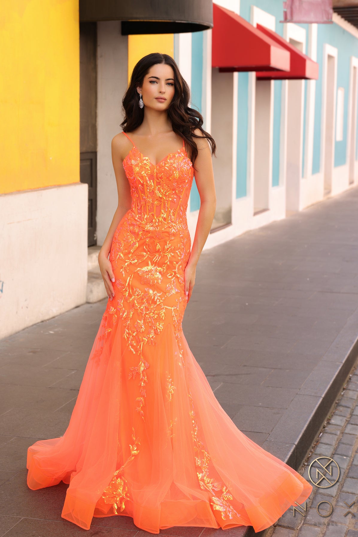 Prom Dresses Sequins Mermaid Long Prom Gown Neon Orange