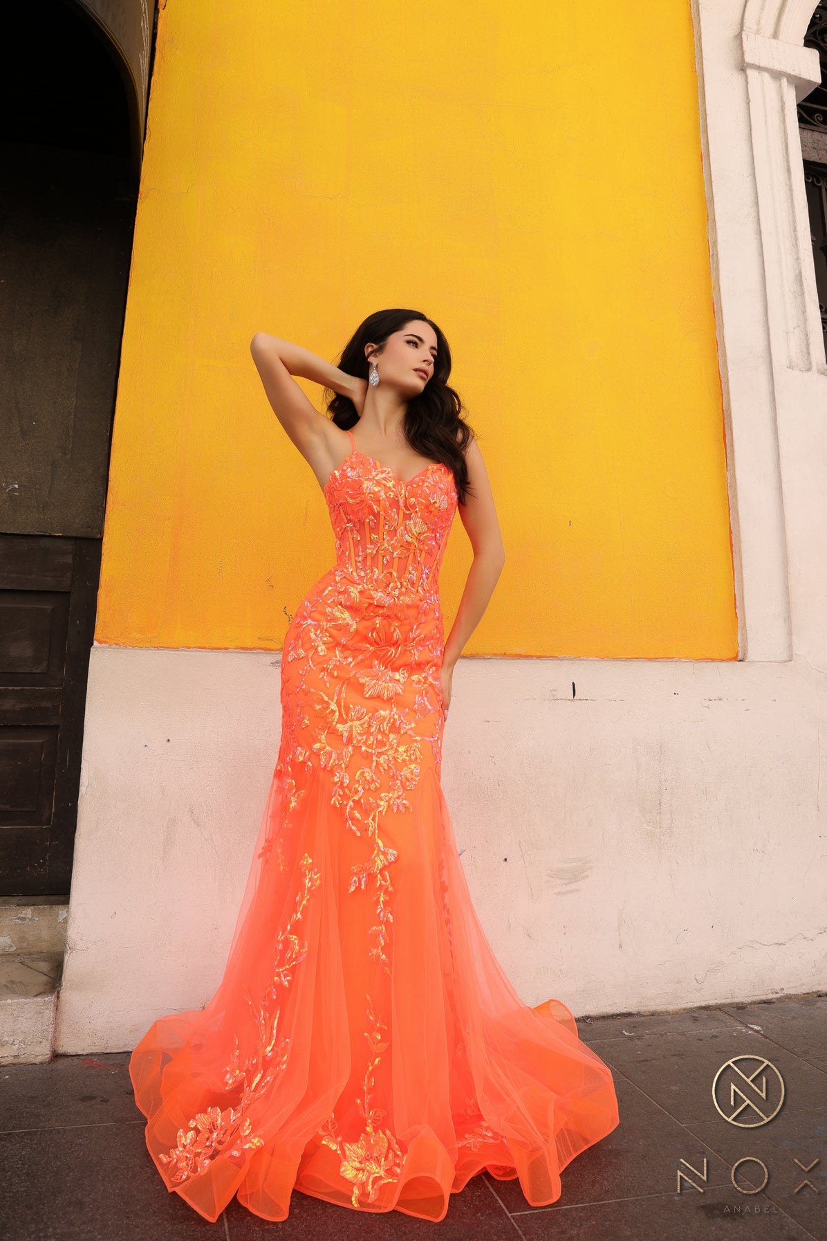 Prom Dresses Sequins Mermaid Long Prom Gown Neon Orange