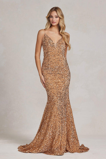 Nox Anabel G1146 Long One Shoulder Formal Prom Dress Gold