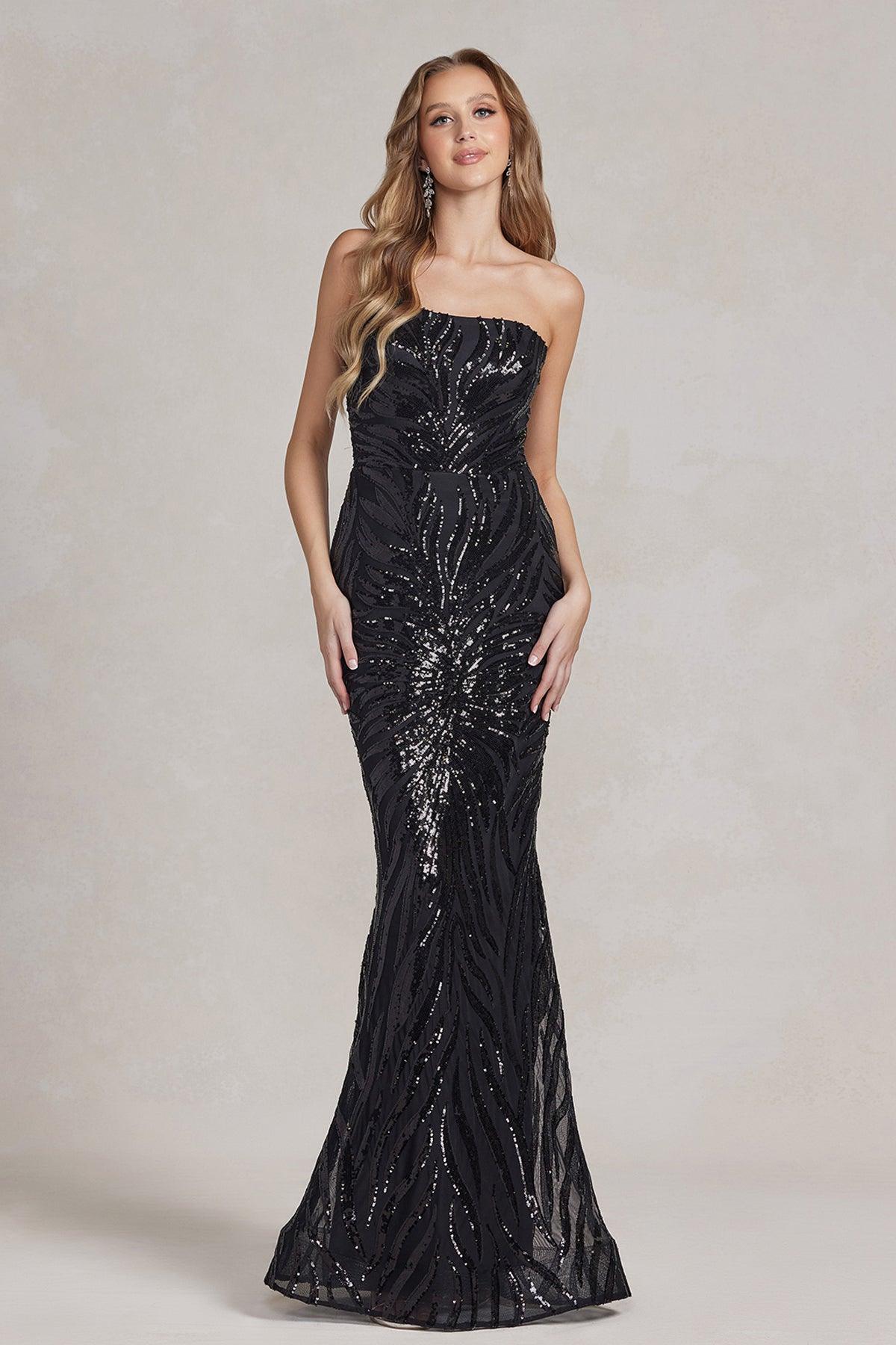 Nox Anabel R1204 Long One Shoulder Fitted Prom Dress Black