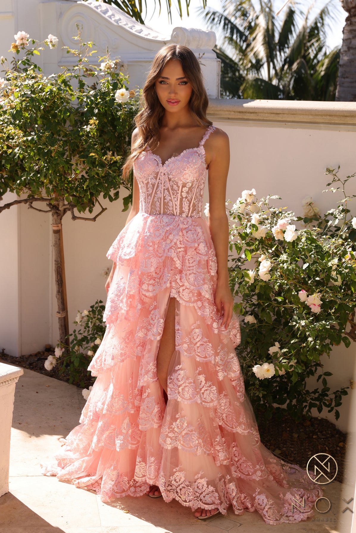 Prom Dresses Raffled Lace Long Prom High Slit Gown Blush