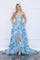 Prom Dresses Raffled Lace Long Prom High Slit Gown Light Blue