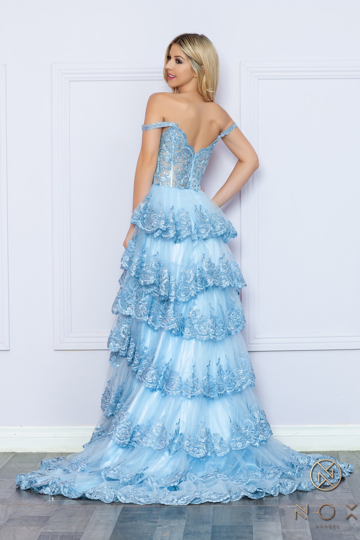 Prom Dresses Raffled Lace Long Prom High Slit Gown Light Blue