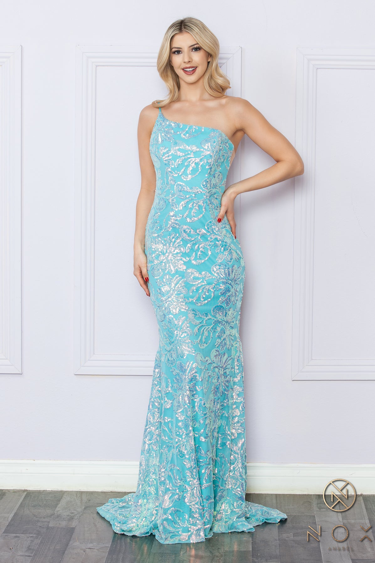 Fuchsia Nox Anabel R1308 Fitted Long Prom Sequins Dress for $260.0