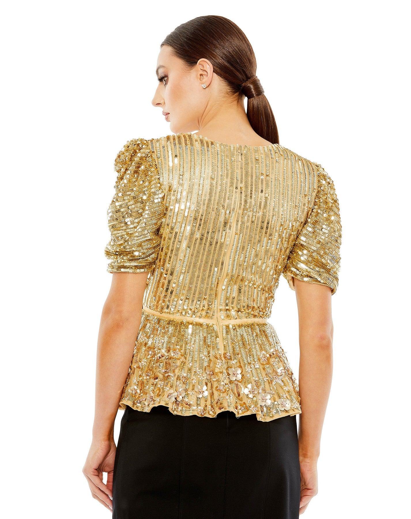 Top Formal Beaded Sequin Short Sleeve Top Gold