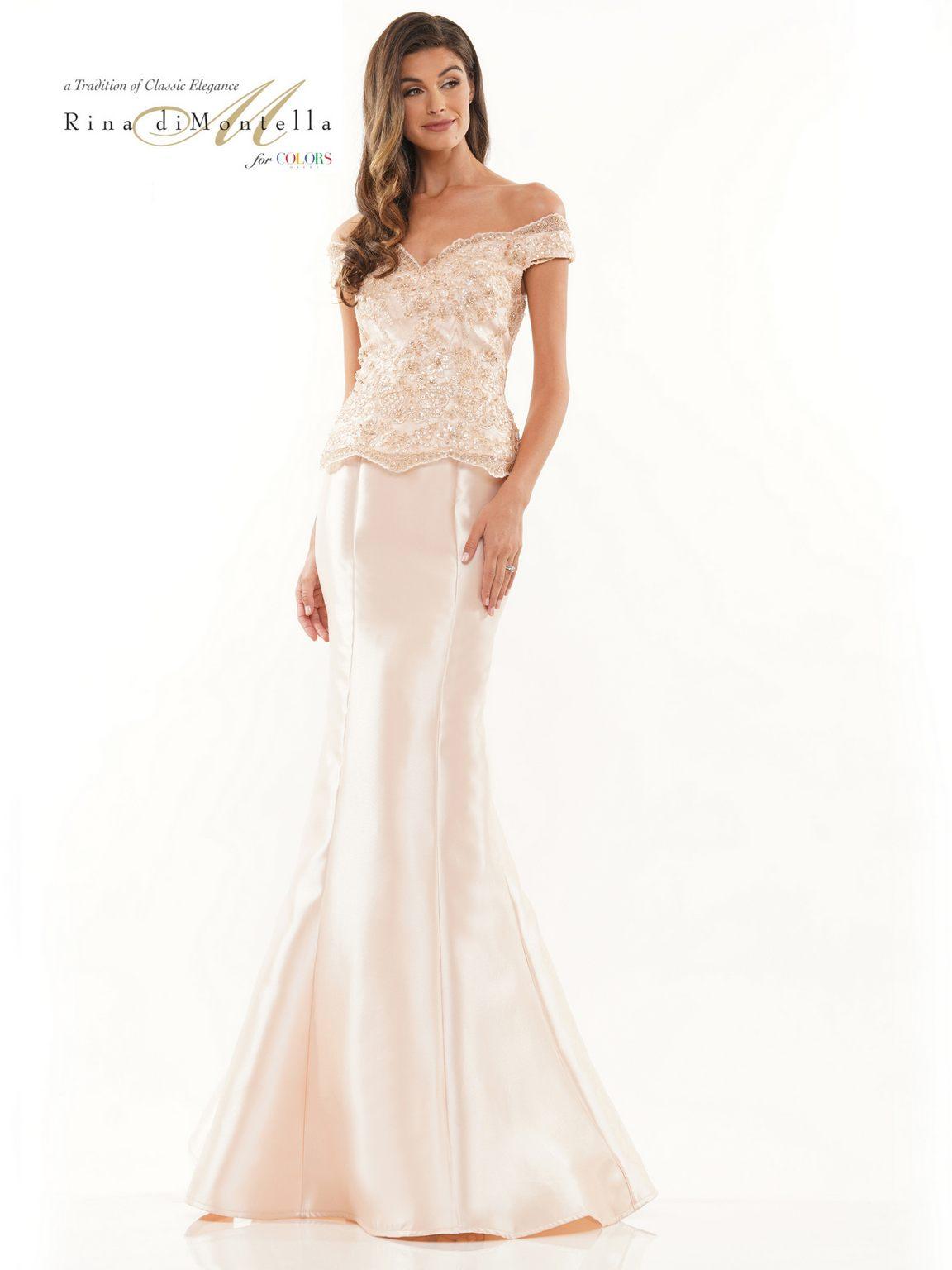 Rina di Montella 2785 Long Off Shoulder Fitted Formal Dress