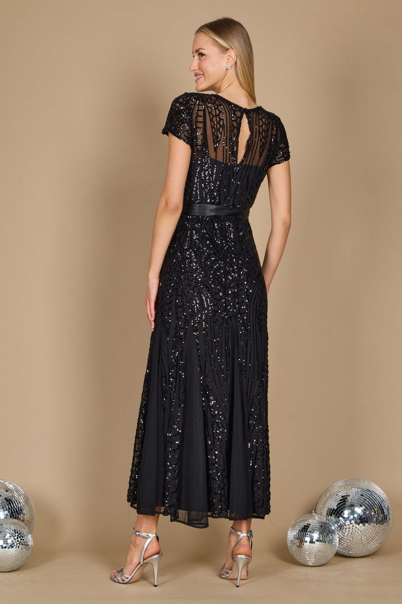 beaded mesh midi cocktail dress pisarro nights Pisarro Nights Petite Size Beaded Mesh Short Sleeve Midi Dress