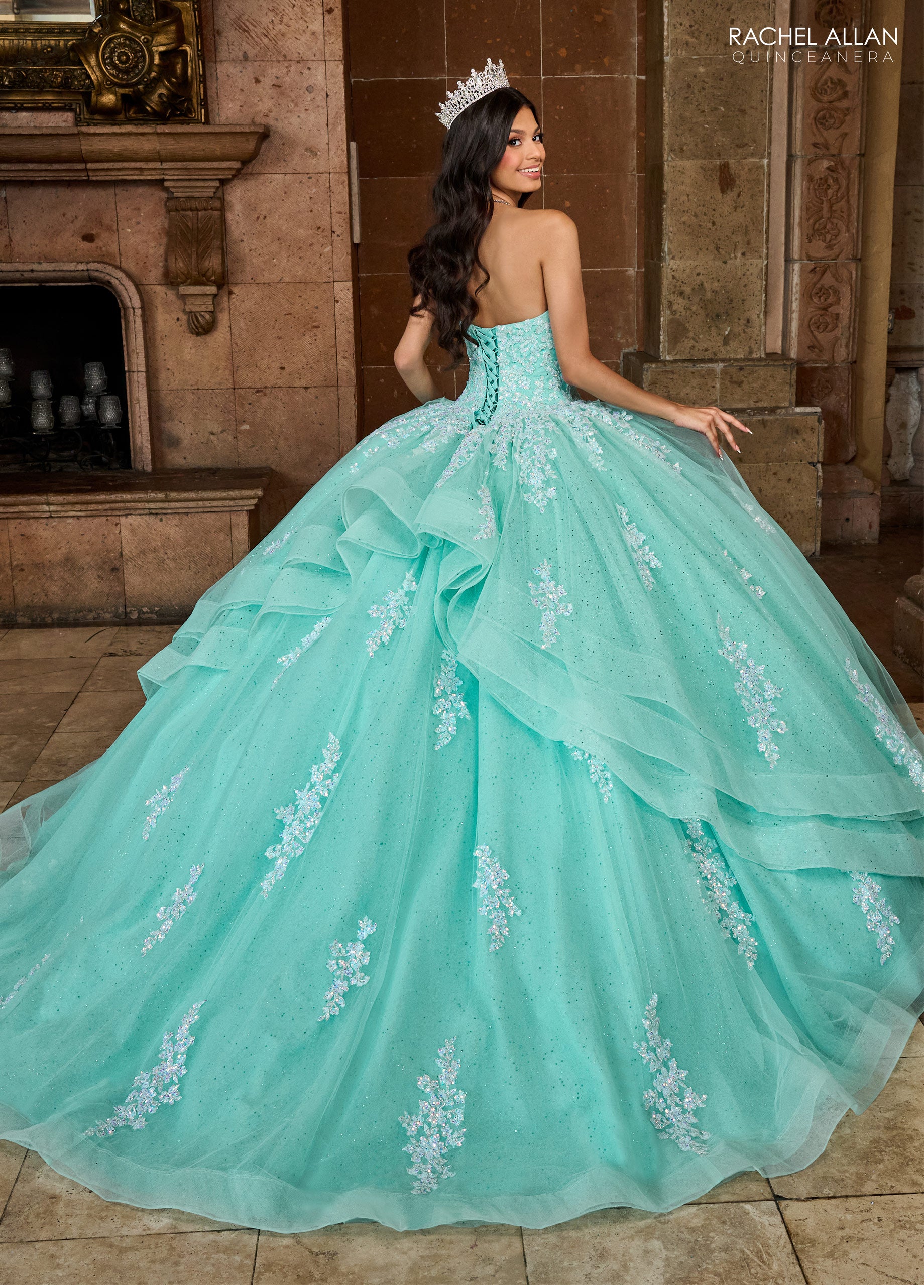 Quinceniera Dresses Detachable Long Sleeve Quinceniera Applique Ball Gown Mint Iridescent