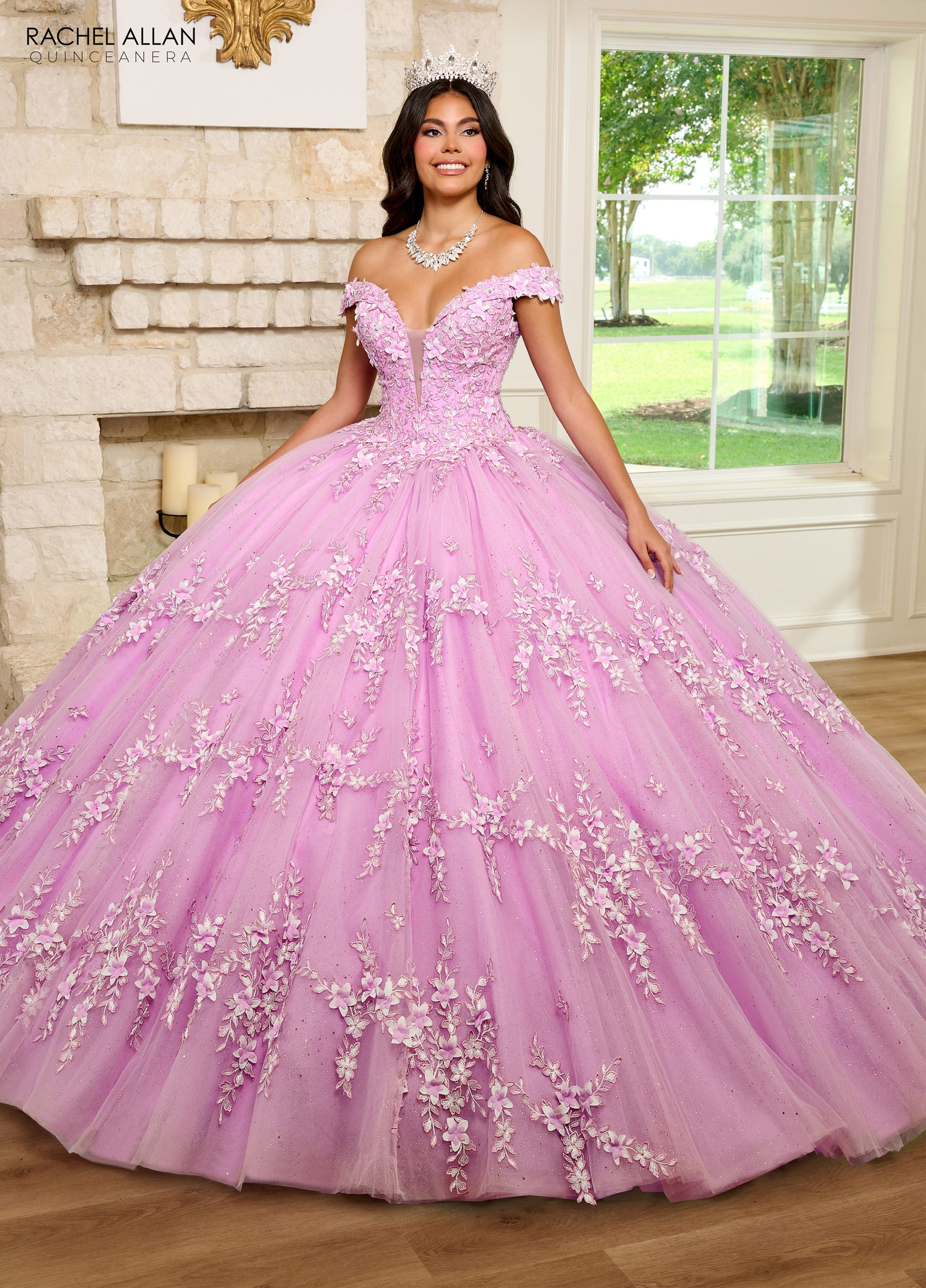 Lilac 3D Flowers Ball Gown Quinceanera Dresses Puff Long Sleeves  Y6580