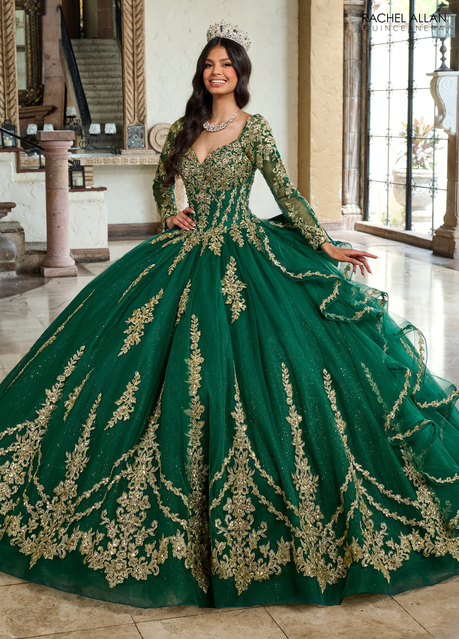 Rachel Allan RQ1137 Applique Long Sleeve Quinceanera Dress | FormalDressShops 14 / Emerald Gold Rachel Allan RQ1137 Applique Long Sleeve Quinceanera Dress | FormalDressShops 14 / Emerald Gold