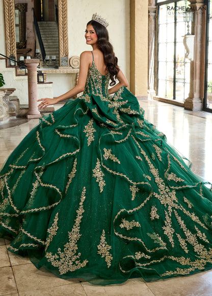 Quinceniera Dresses Quinceniera Detachable Long Sleeve Ruffle Long Ball Gown Emerald Gold