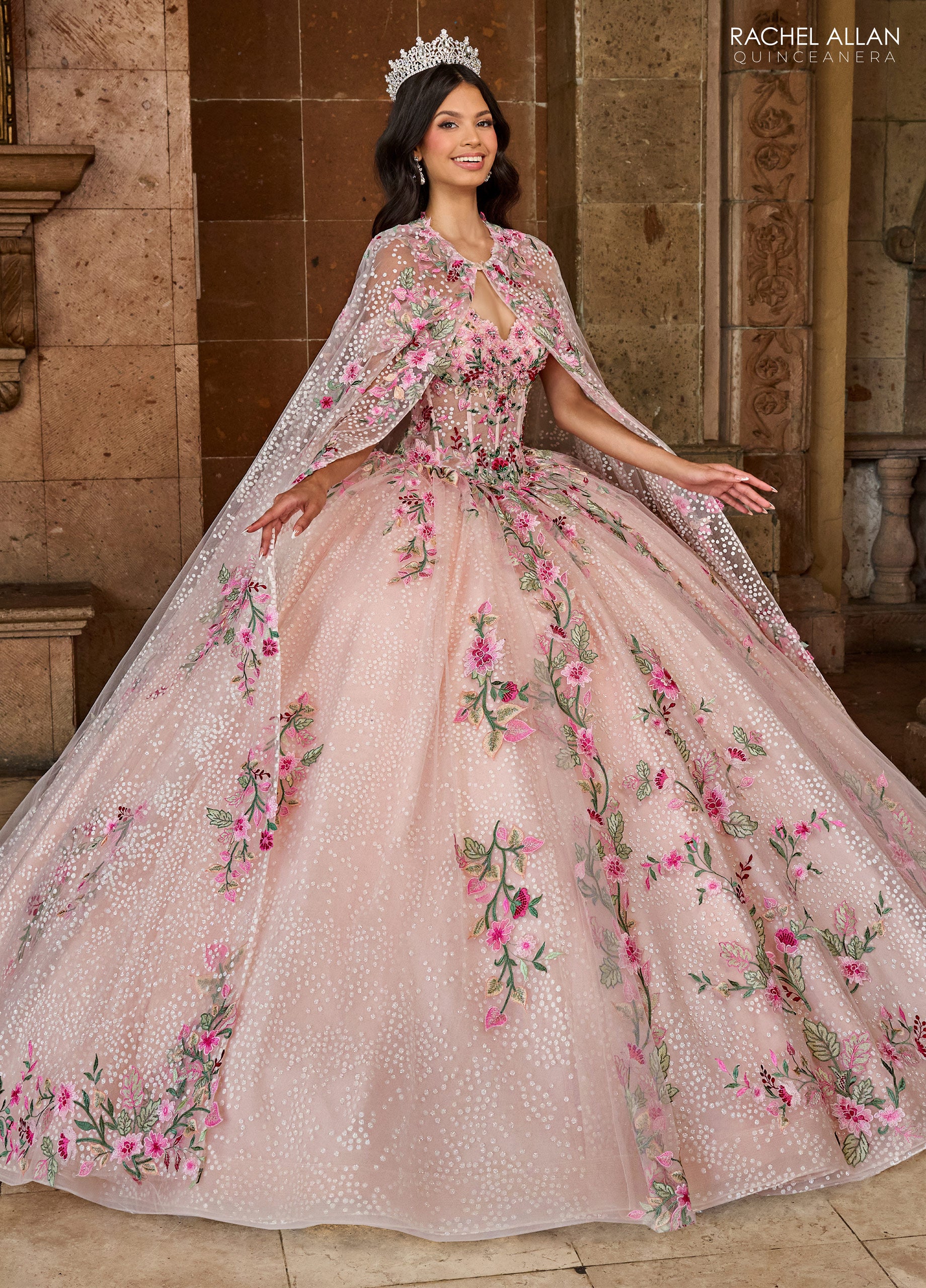 Rachel Allan RQ2185 Long Quinceanera Detachable Cape Ball Gown