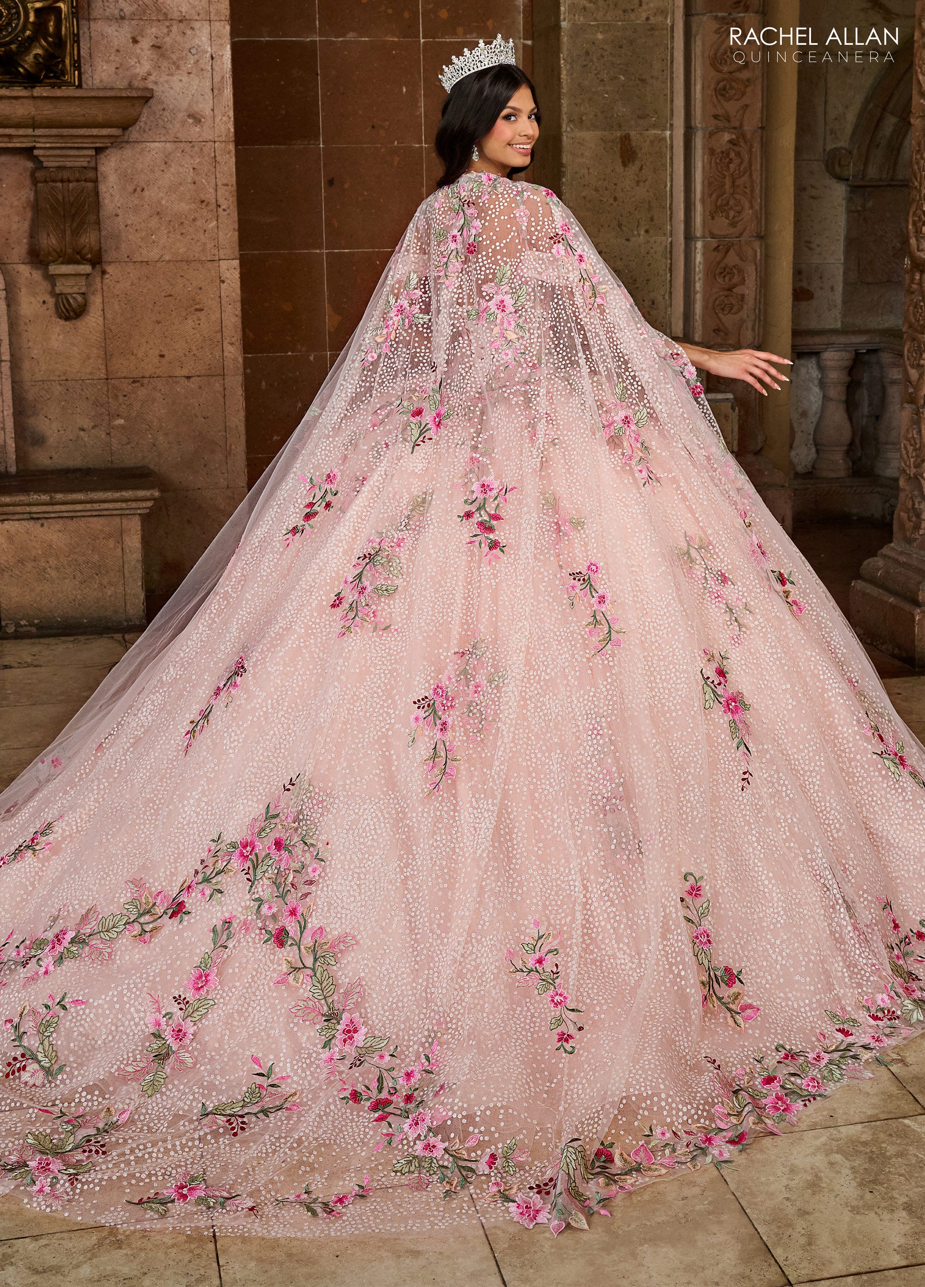 Rachel Allan RQ2185 Long Quinceanera Detachable Cape Ball Gown