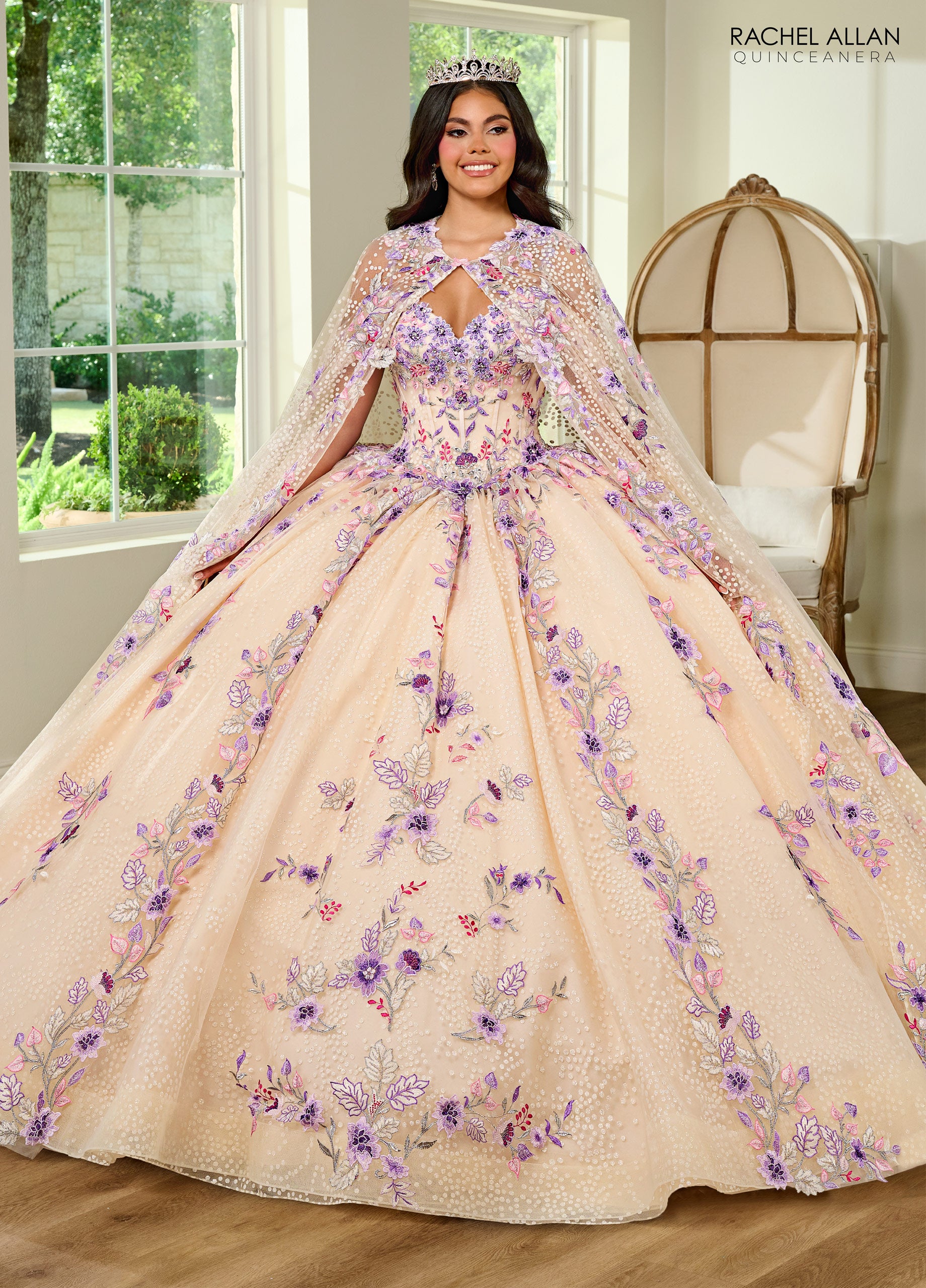 Rachel Allan RQ2185 Long Quinceanera Detachable Cape Ball Gown