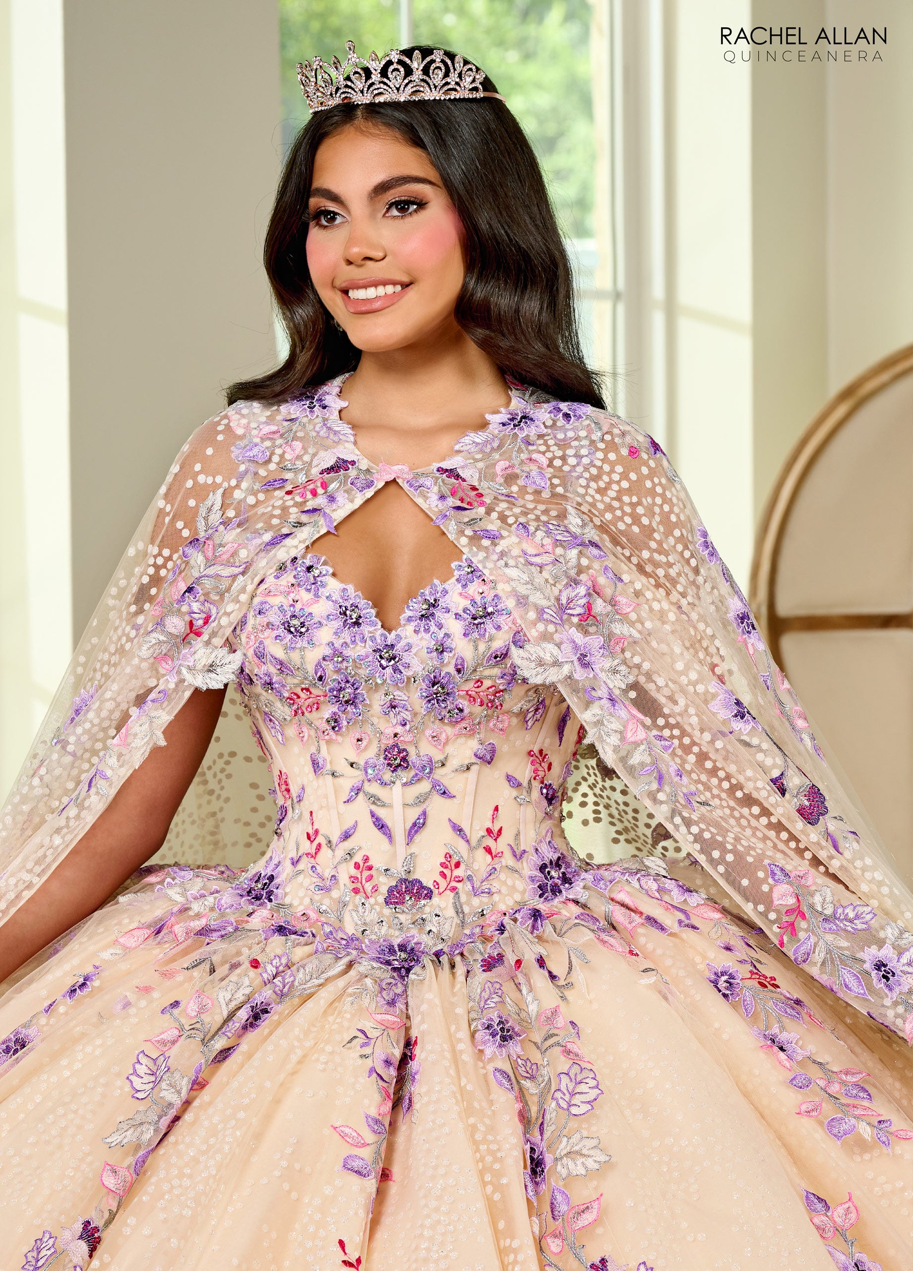Rachel Allan RQ2185 Long Quinceanera Detachable Cape Ball Gown