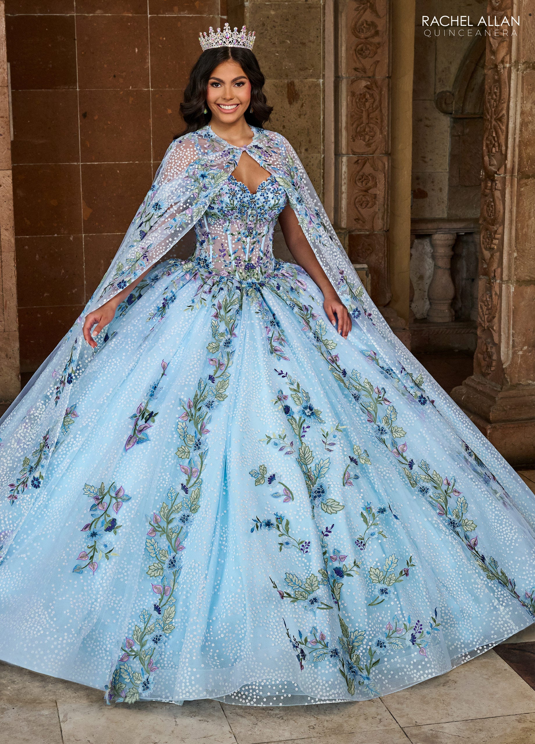 Rachel Allan RQ2185 Long Quinceanera Detachable Cape Ball Gown