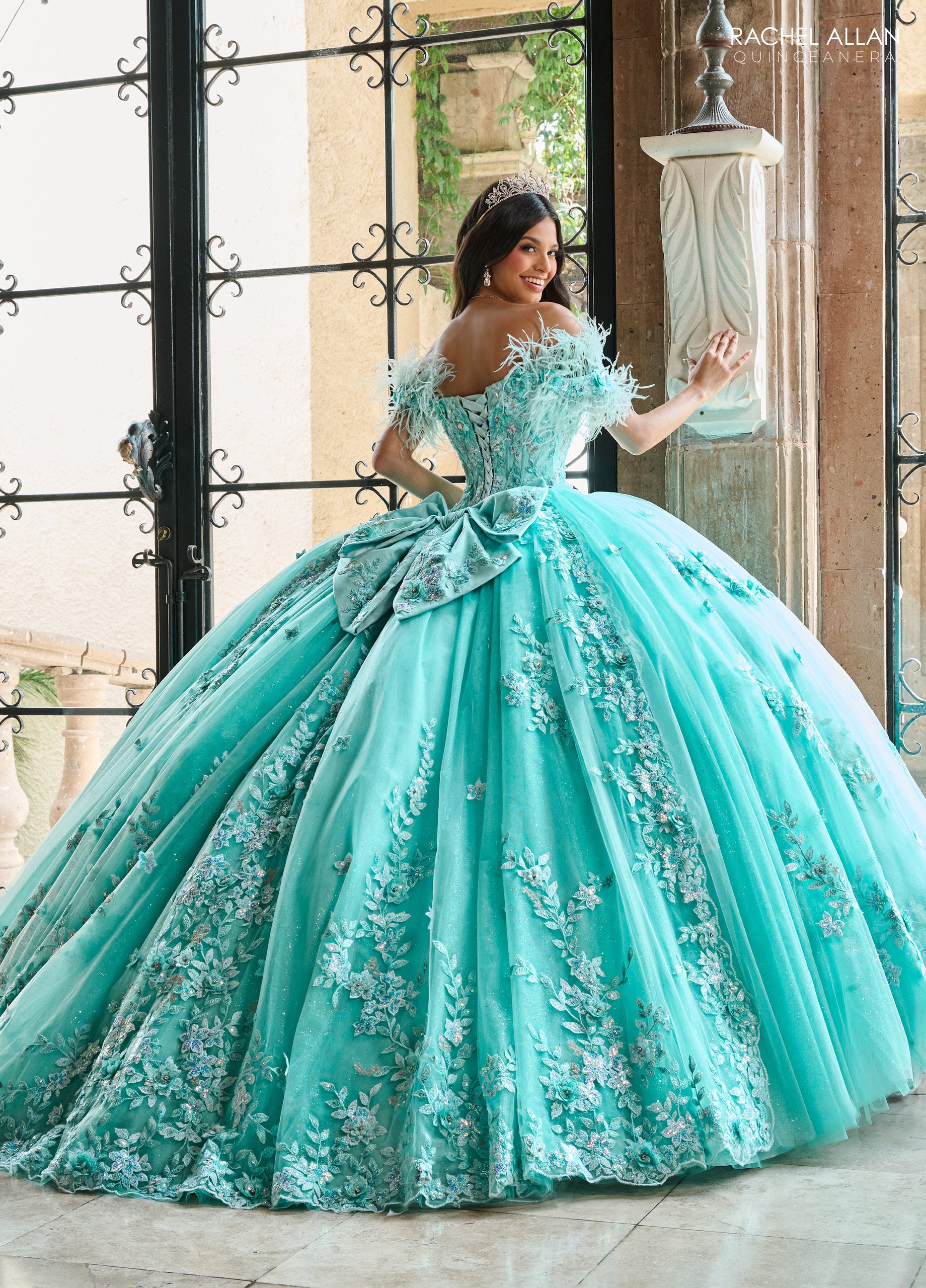 Aqua Rachel Allan RQ2186 Long Quinceanera Feather Ball Gown ...