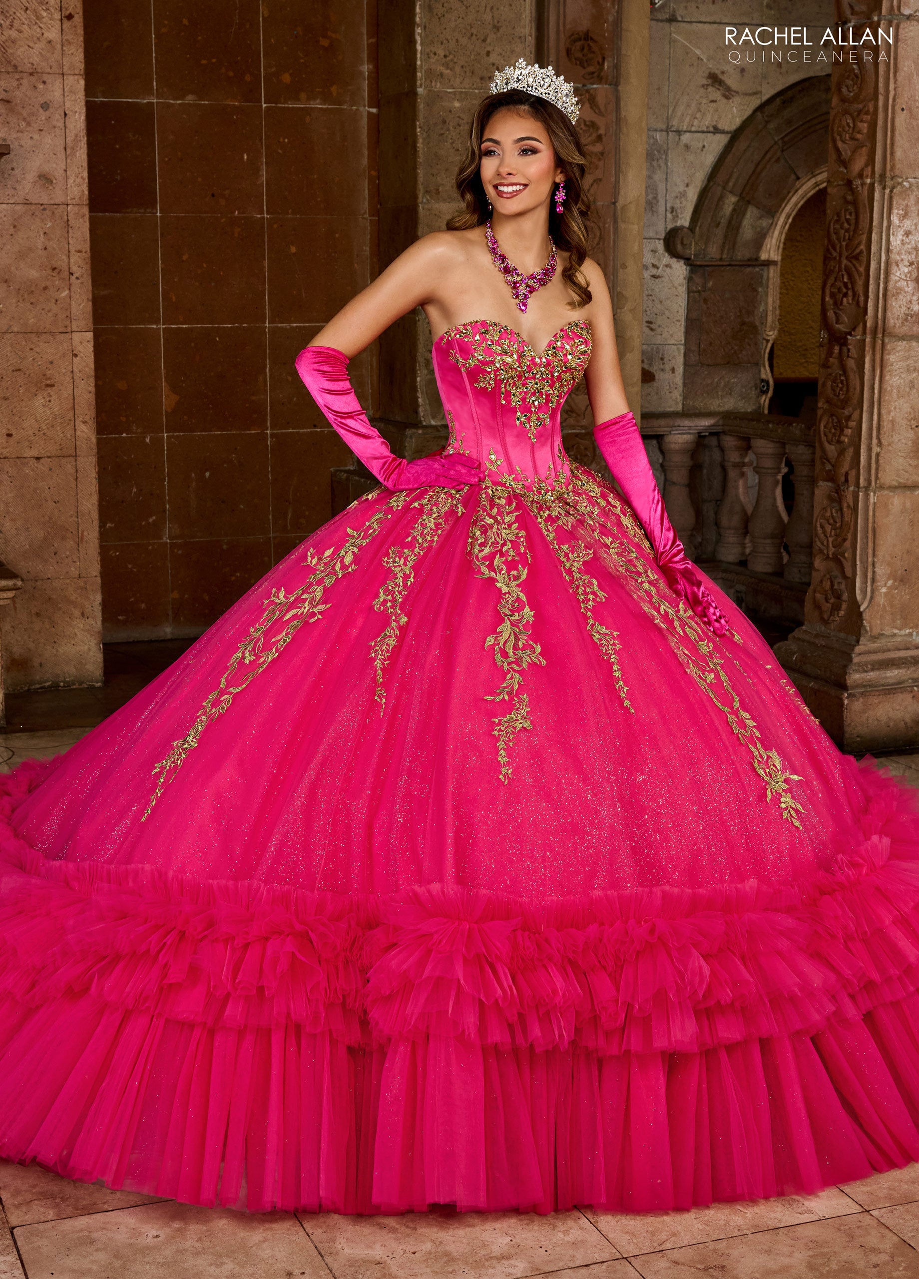 Quinceanera Dresses Long Quinceanera Ruffle Ball Gown Bright Pink