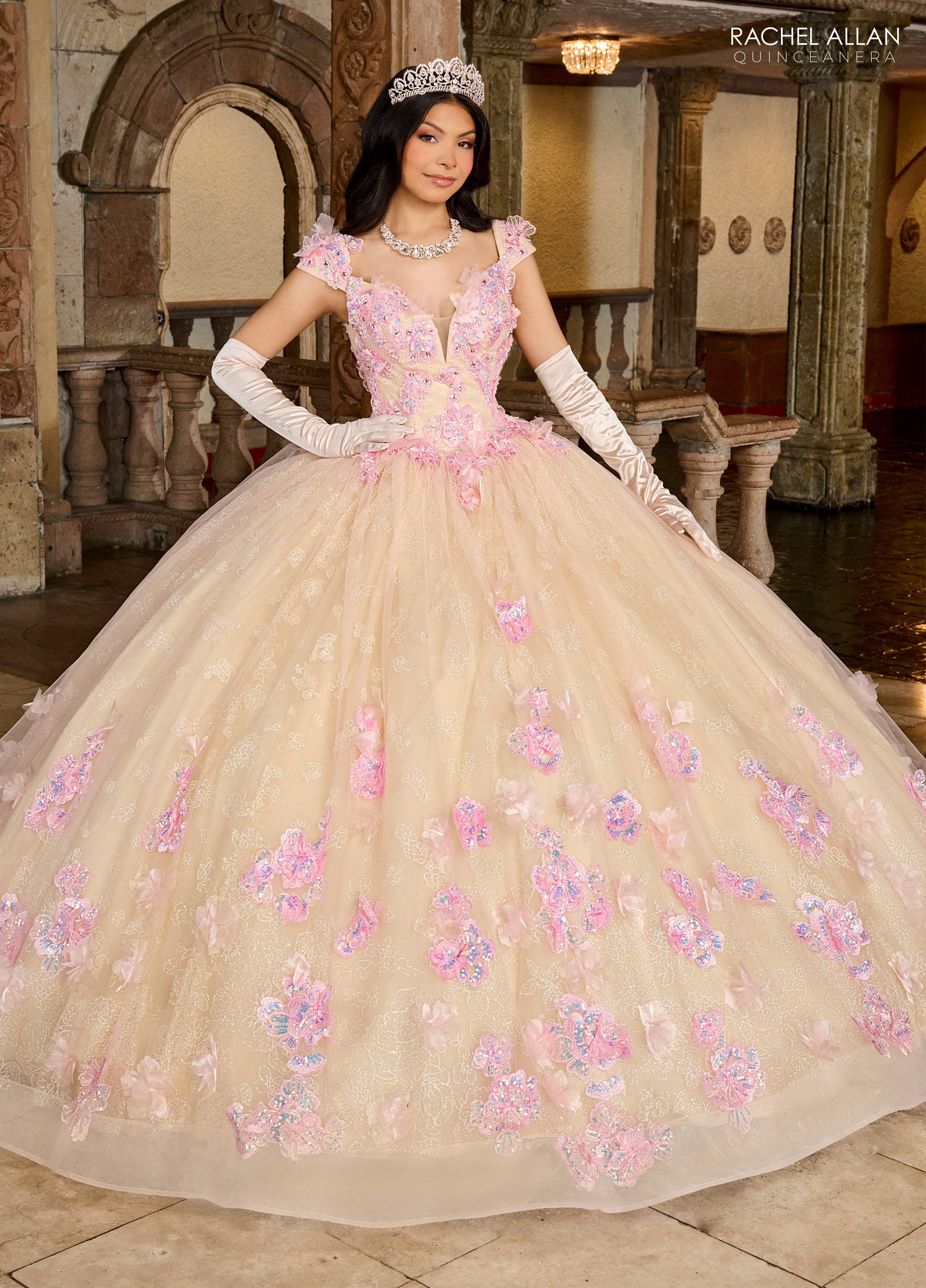 Rachel Allan RQ2190 Quinceanera Applique Long Ball Gown - Pink Champagne / 12 Rachel Allan RQ2190 Quinceanera Applique Long Ball Gown - Pink Champagne / 12