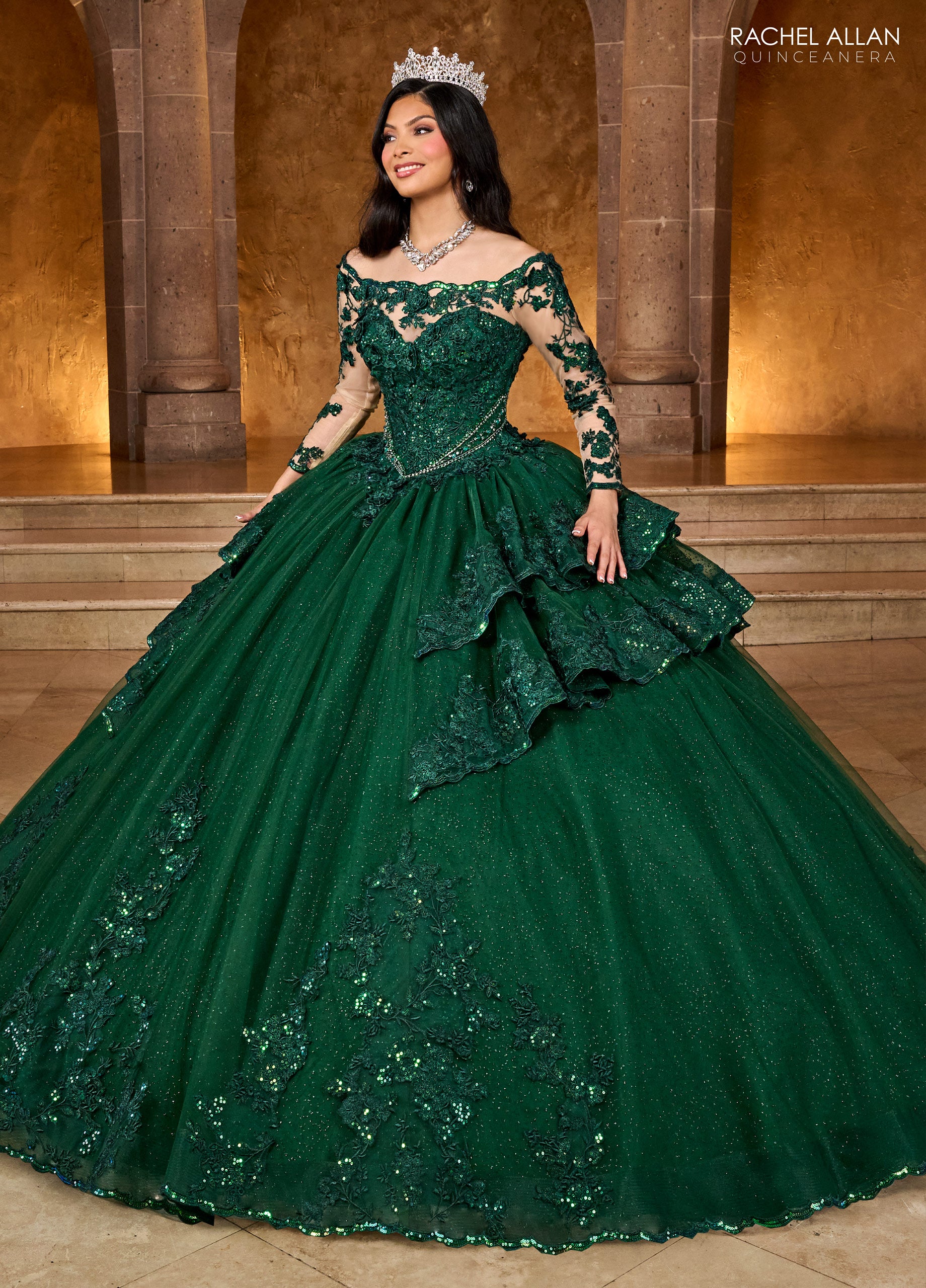 Dark Green Quince Dress Rachel Allan RQ2192 Ruffle Quinceanera Long Sleeve Ball Gown Dark Green Quince Dress Rachel Allan RQ2192 Ruffle Quinceanera Long Sleeve Ball Gown