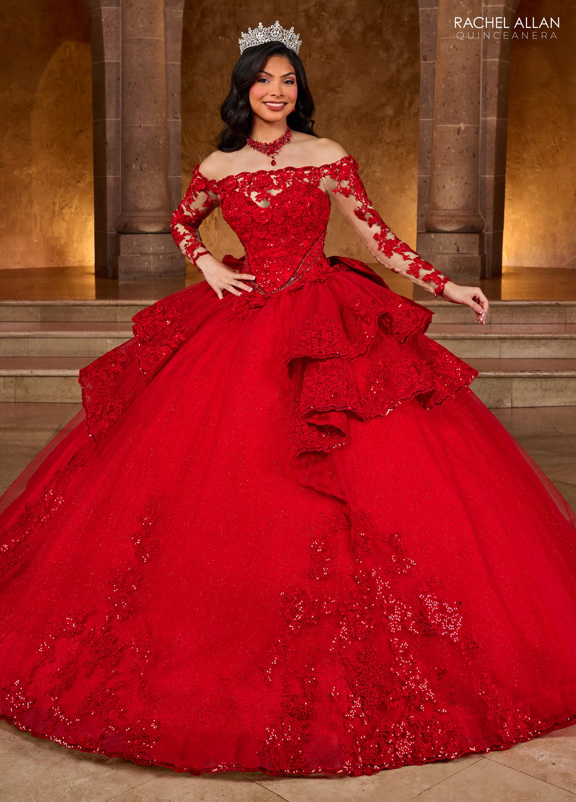 Quinceanera Dresses Ruffle Quinceanera Long Sleeve Ball Gown Red