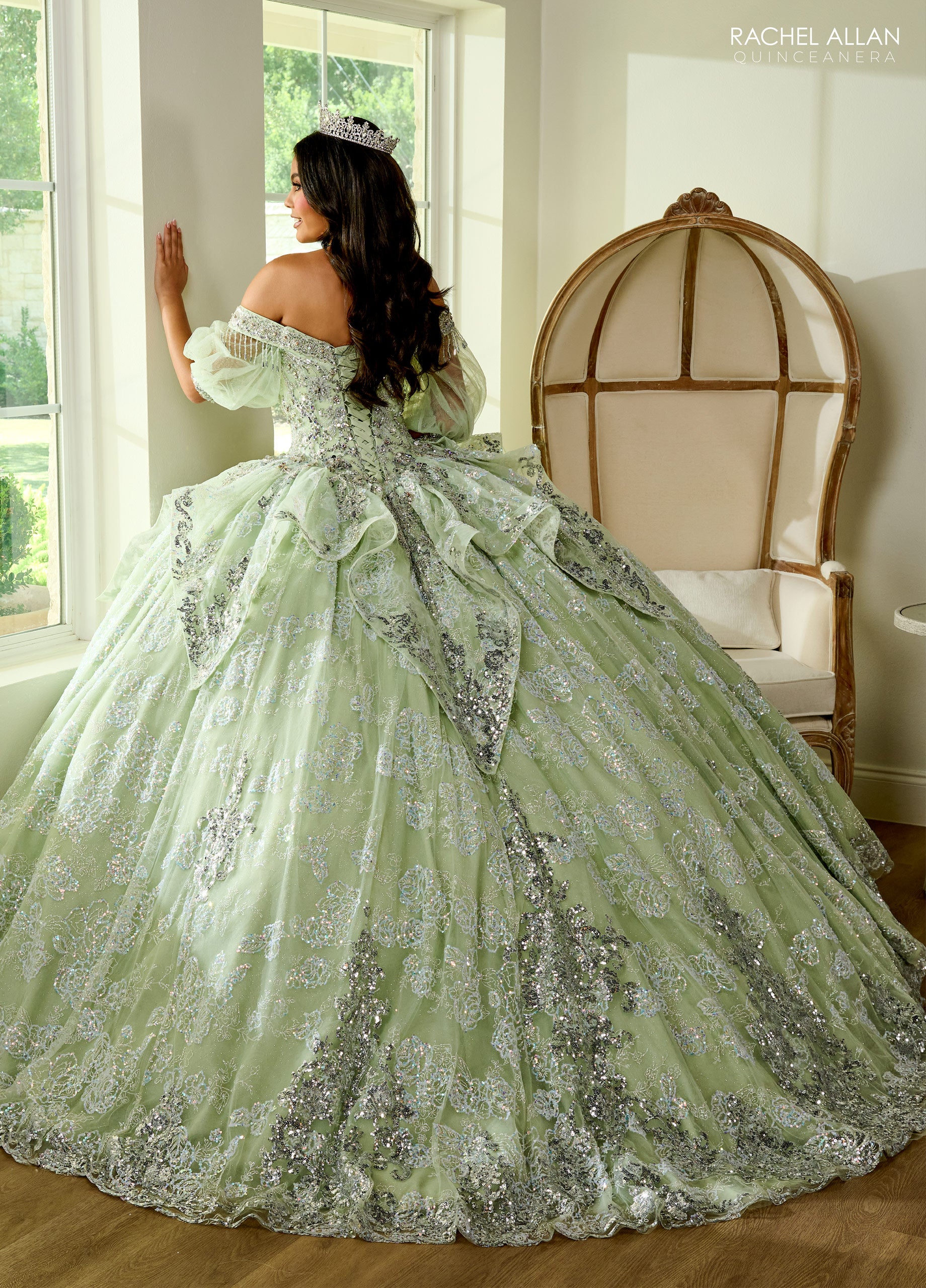 sage green quince dress with sleeves Misshow Sage Green Quinceanera Dress Strapless Beaded Tulle Ball Gown with Shawl & Bow for Sweet 16 & Formal Events main image 0