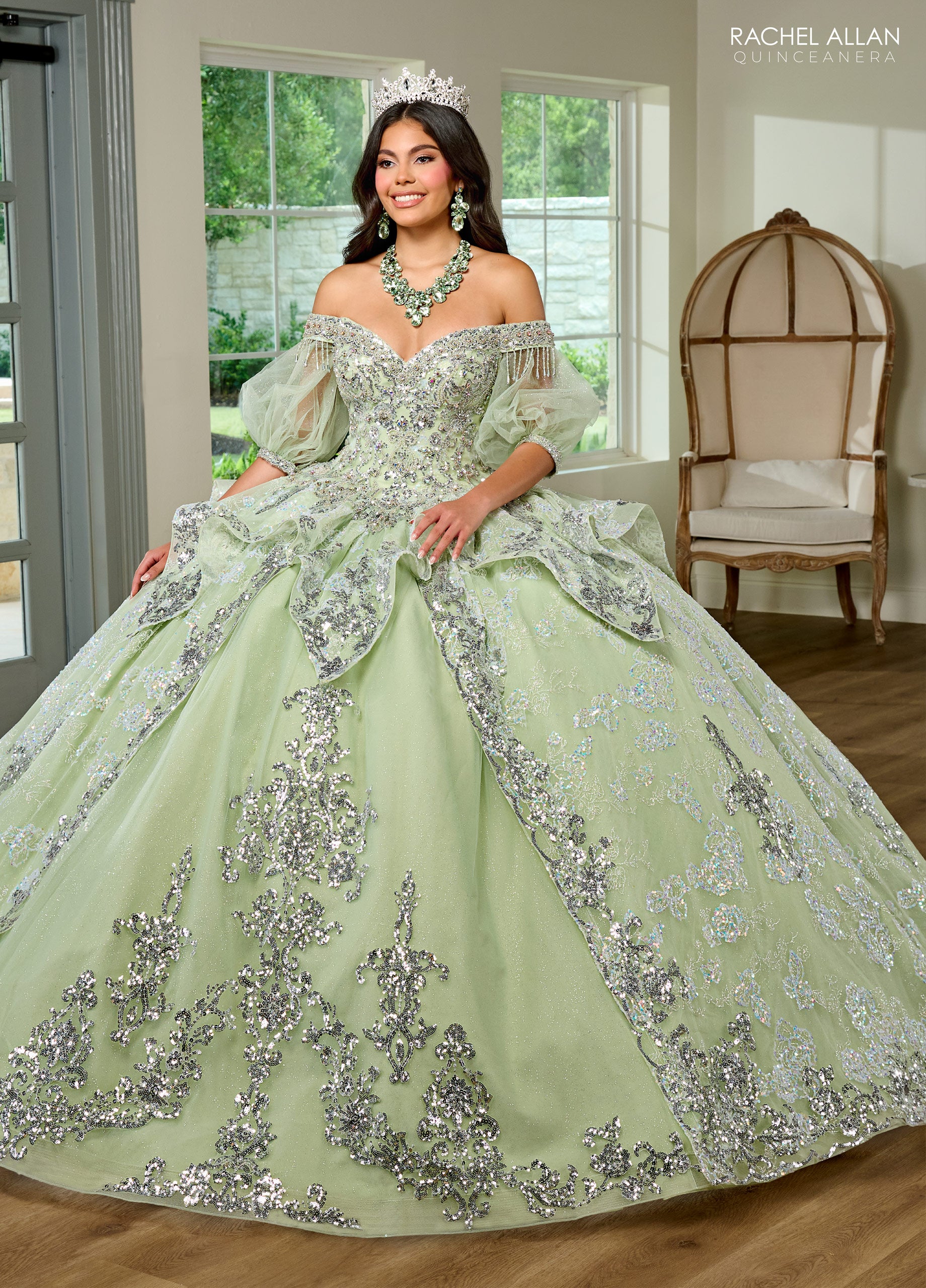 Rachel Allan RQ3128 Long Quinceanera Beaded Detachable Sleeve Ball Gown