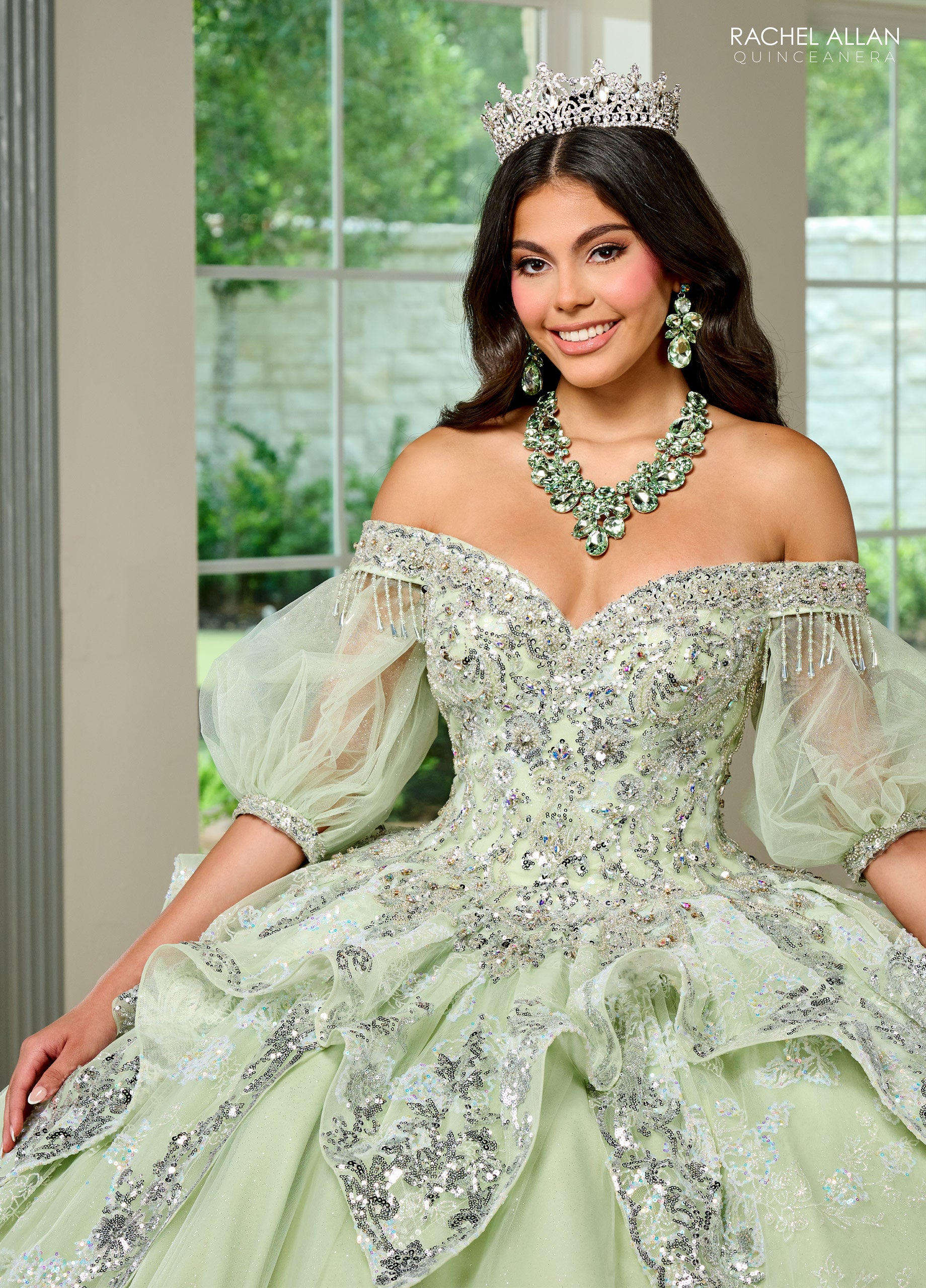 Rachel Allan RQ3128 Long Quinceanera Beaded Detachable Sleeve Ball Gown