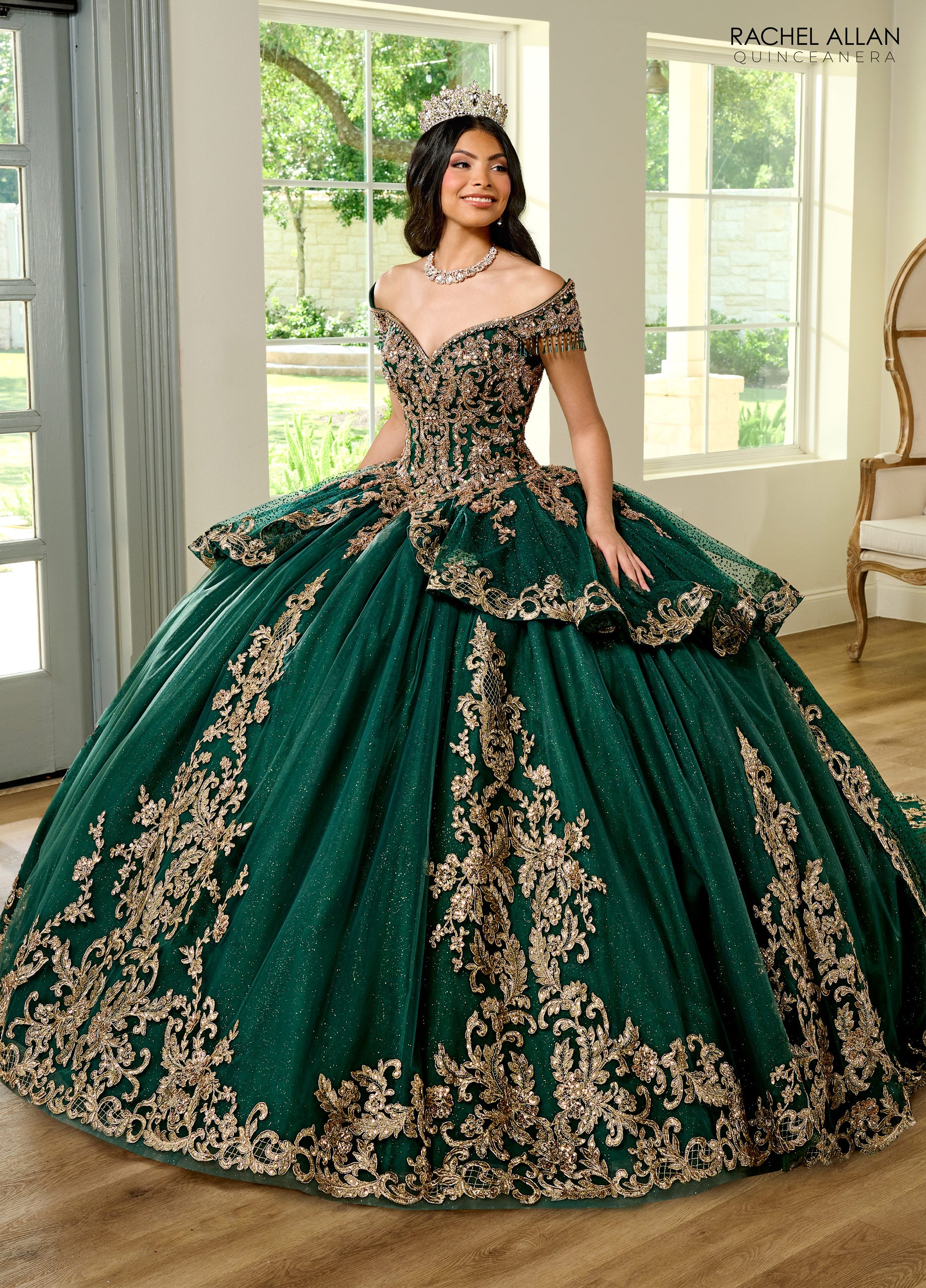Quinceanera Dresses Long Quinceanera Fringe Ball Gown Emerald Gold