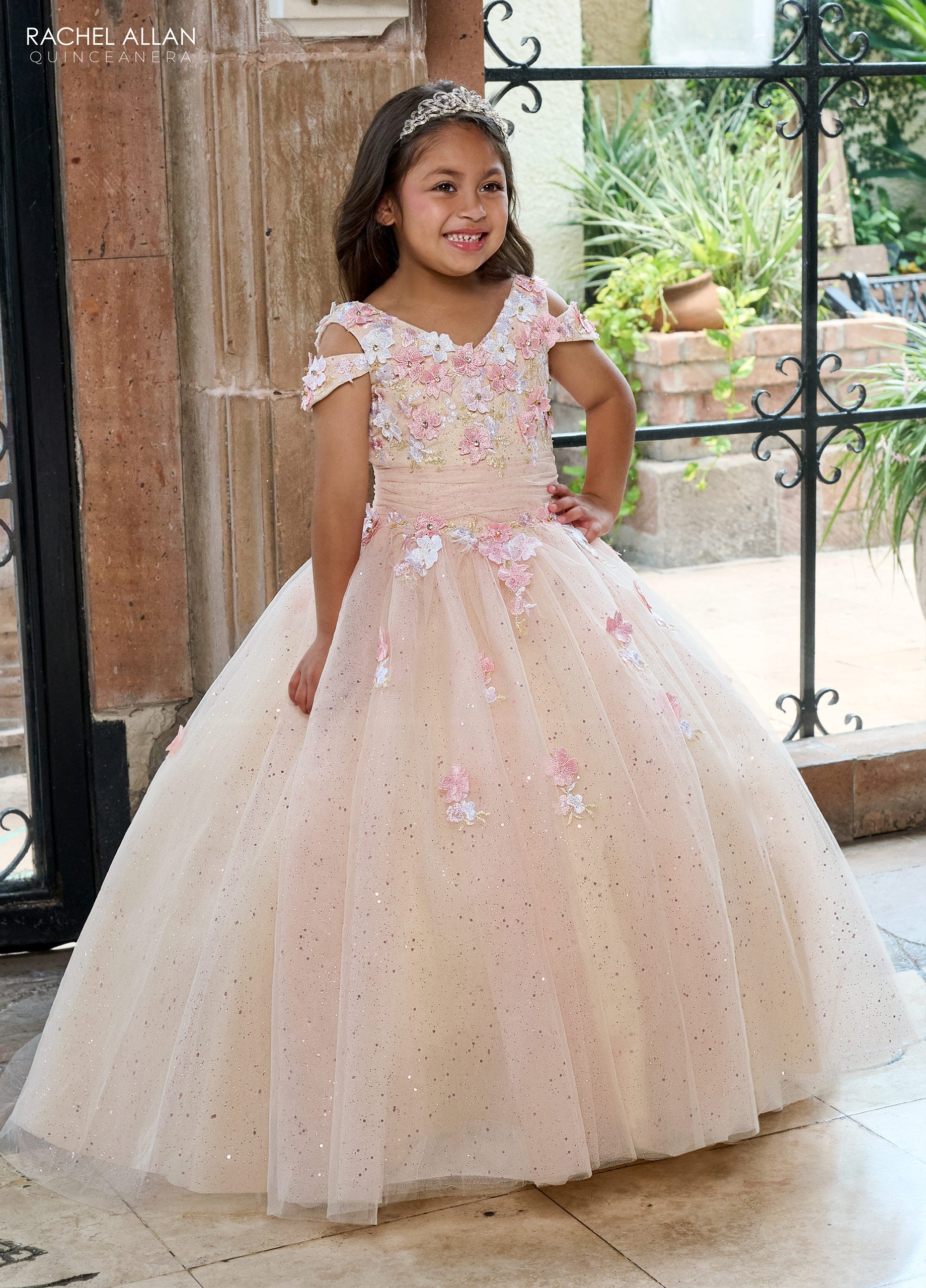 Rachel Allan RQ4041 Long Glitter Flower Girl Dress - Champagne Multi / 2 Rachel Allan RQ4041 Long Glitter Flower Girl Dress - Champagne Multi / 2