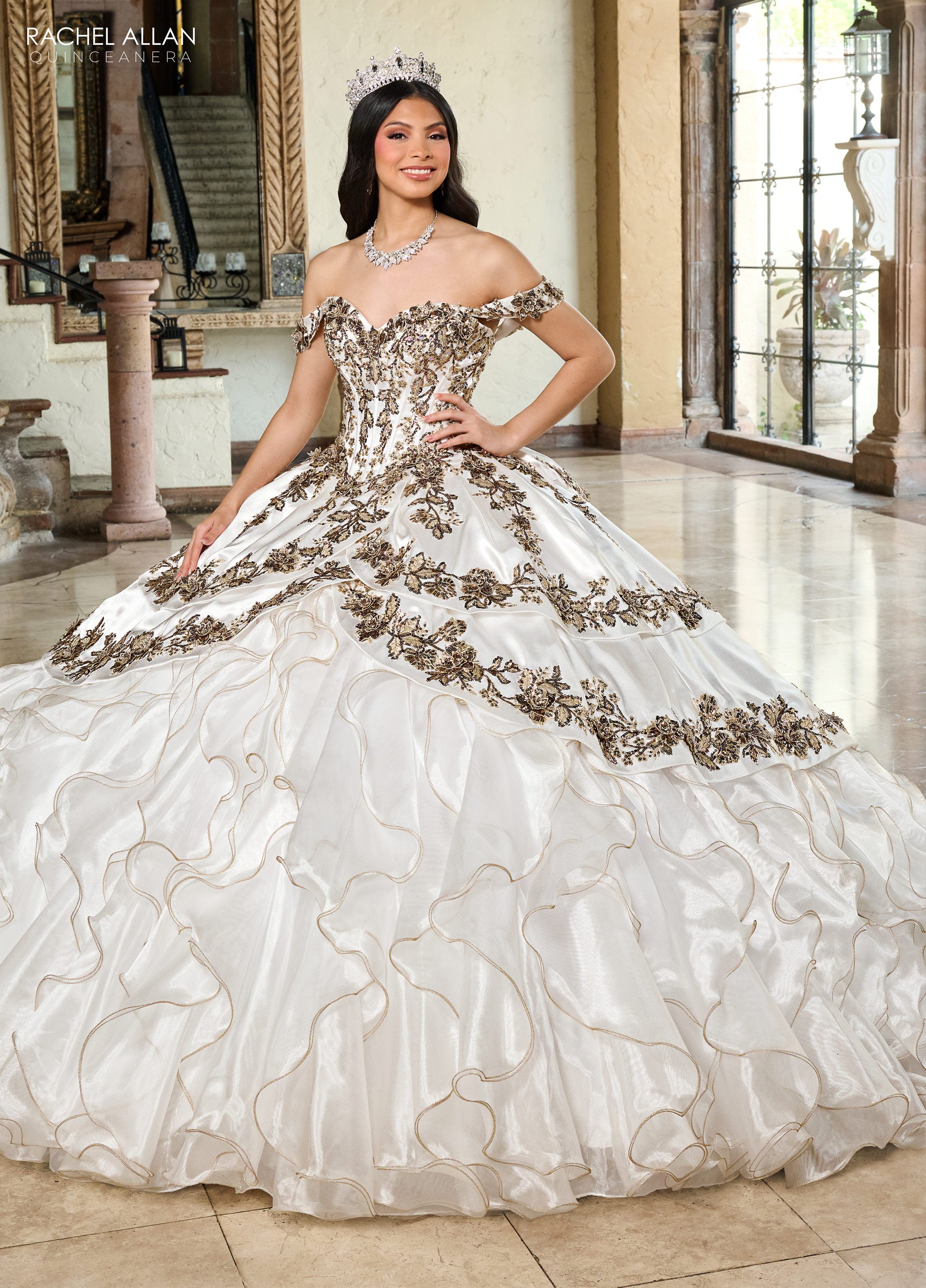 White Gold Rachel Allan RQ5001 Long Quinceanera Ruffle Ball Gown white-gold-rachel-allan-rq5001-long-quinceanera-ruffle-ball-gown