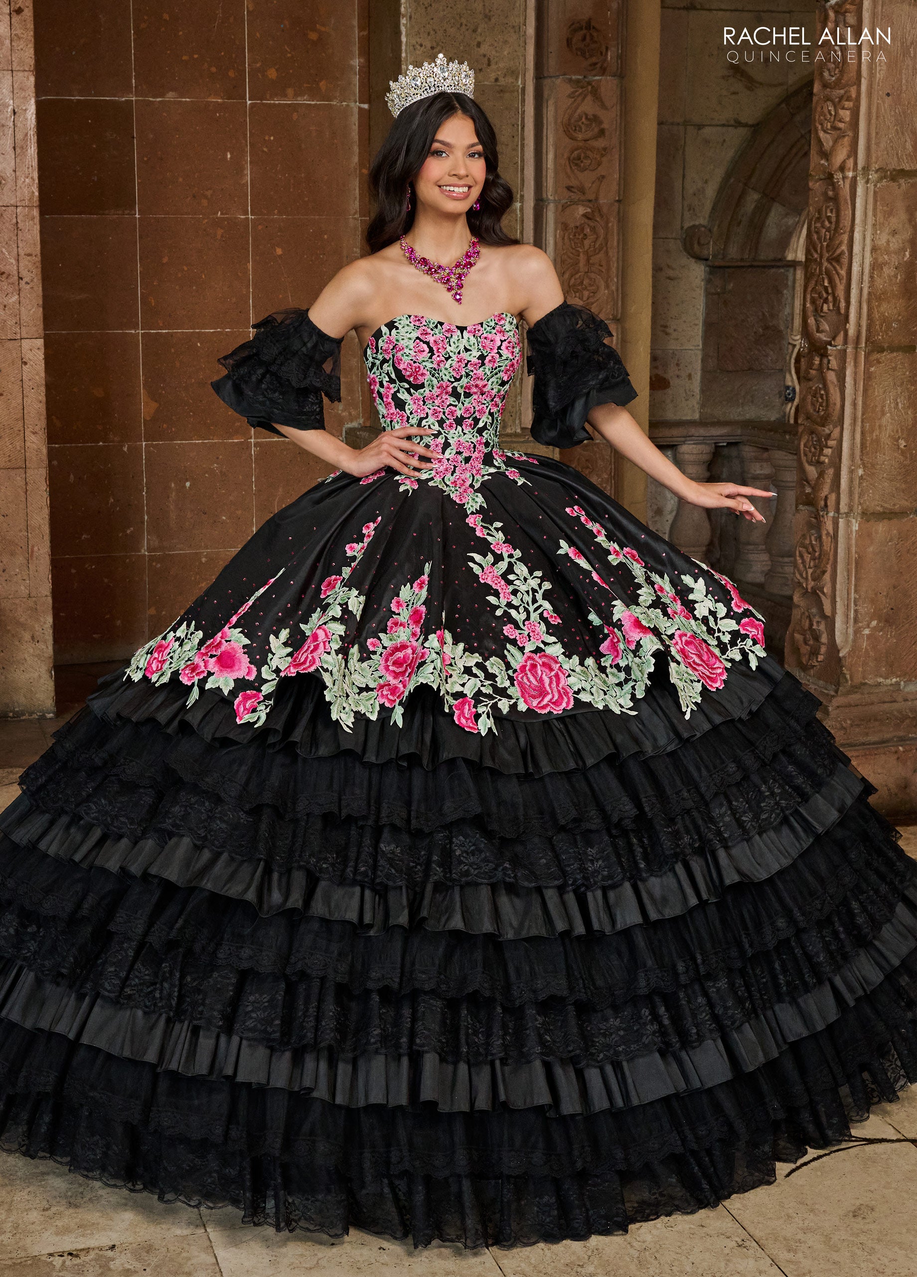 Black Multi Rachel Allan RQ5002 Long Quinceanera Detachable Sleeve Ball