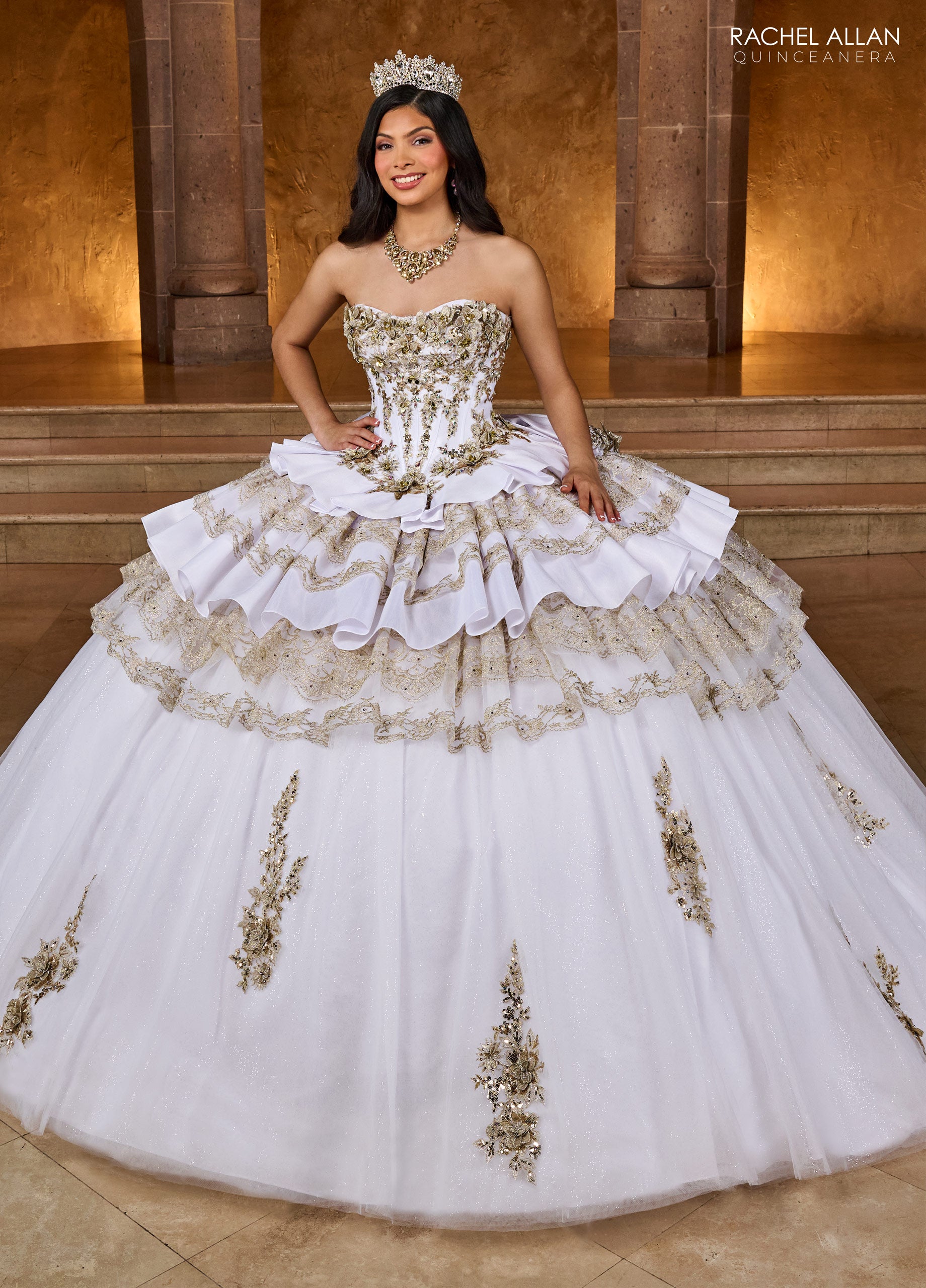 White and gold quince dress top