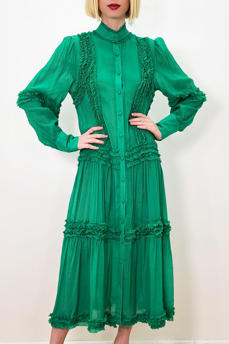 Long Sleeve Tiered Button Down Chiffon Dress