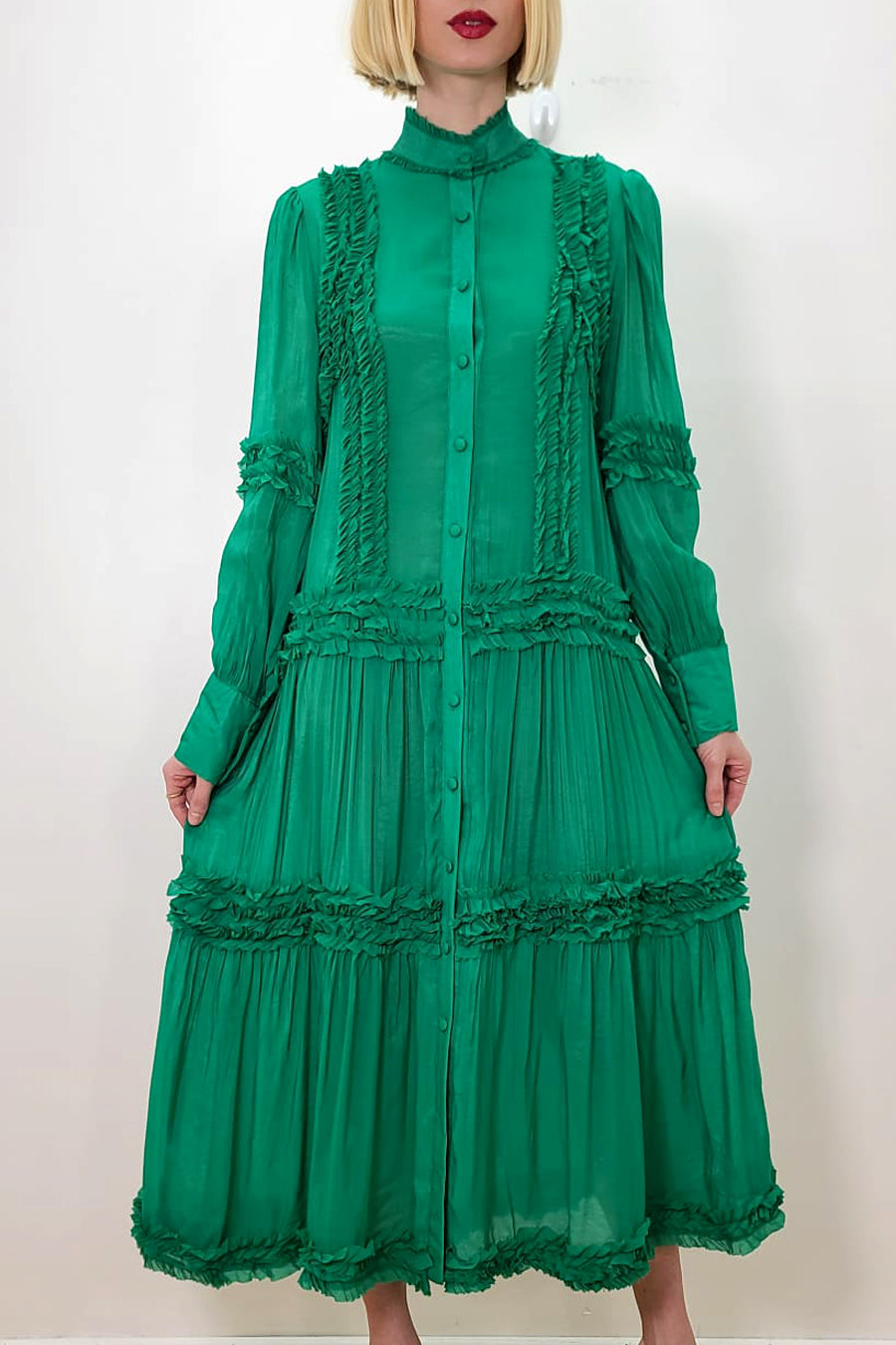 Long Sleeve Tiered Button Down Chiffon Dress