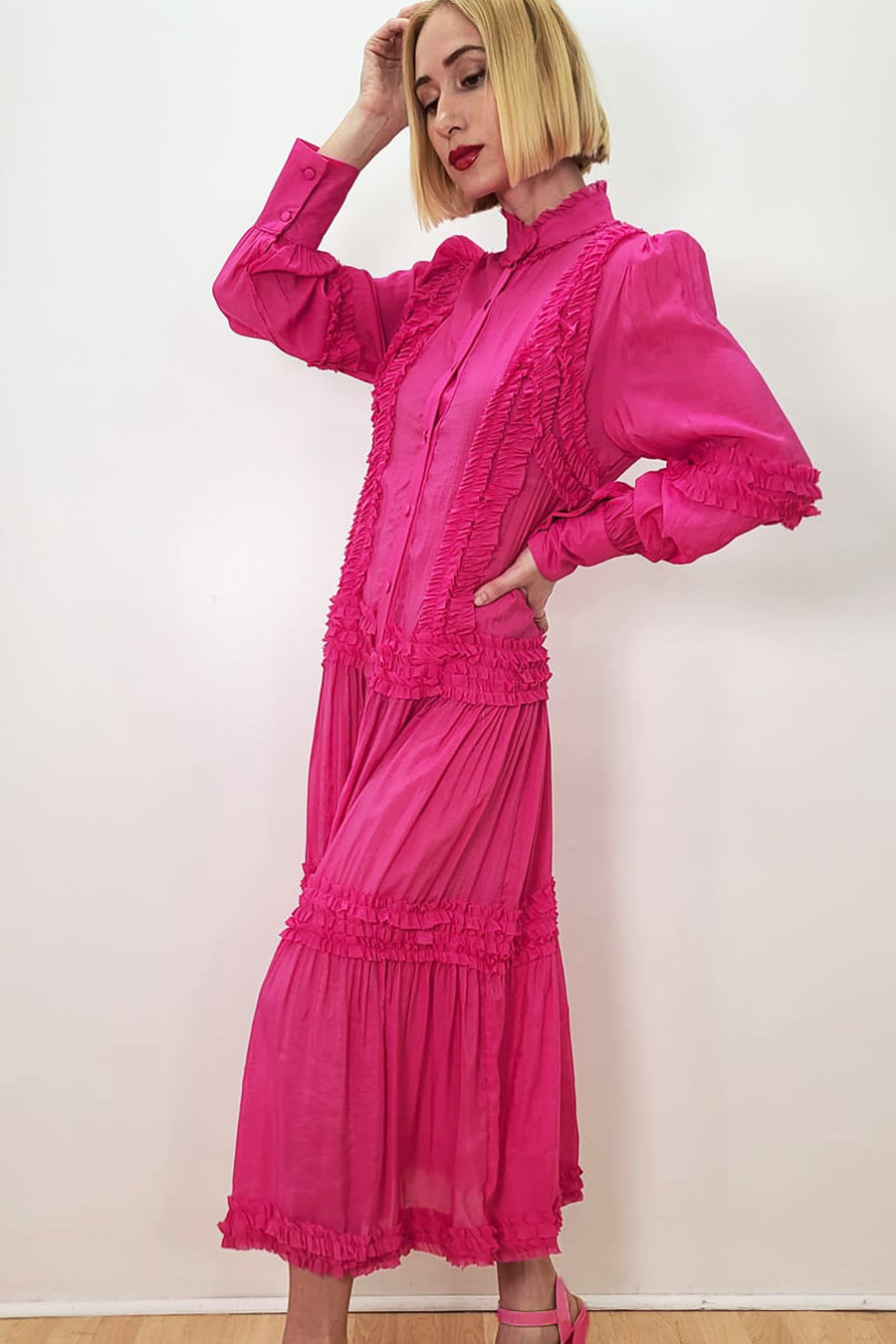 Long Sleeve Tiered Button Down Chiffon Dress