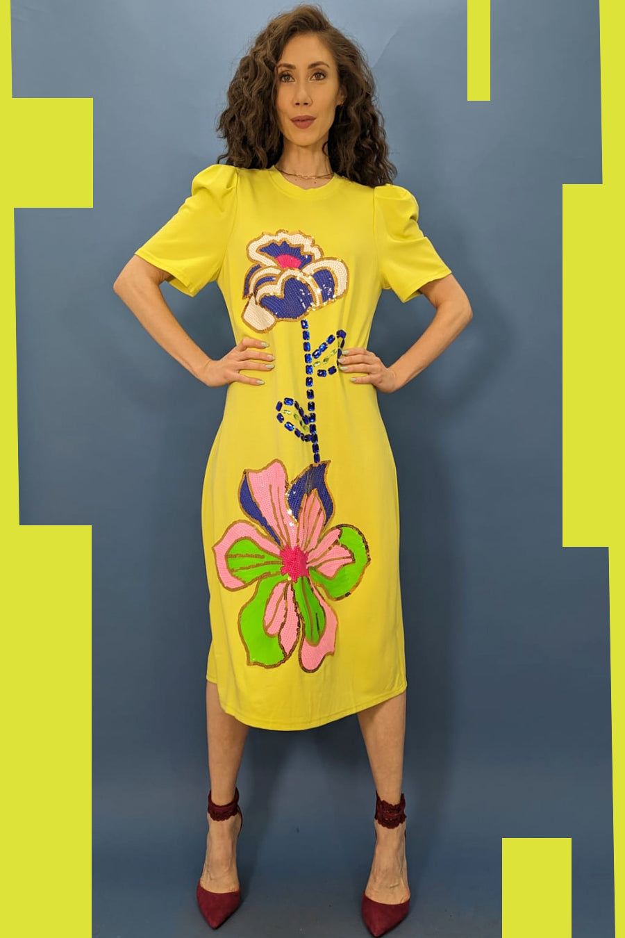 Short Sleeve Midi Dress with Floral Embellishments - White