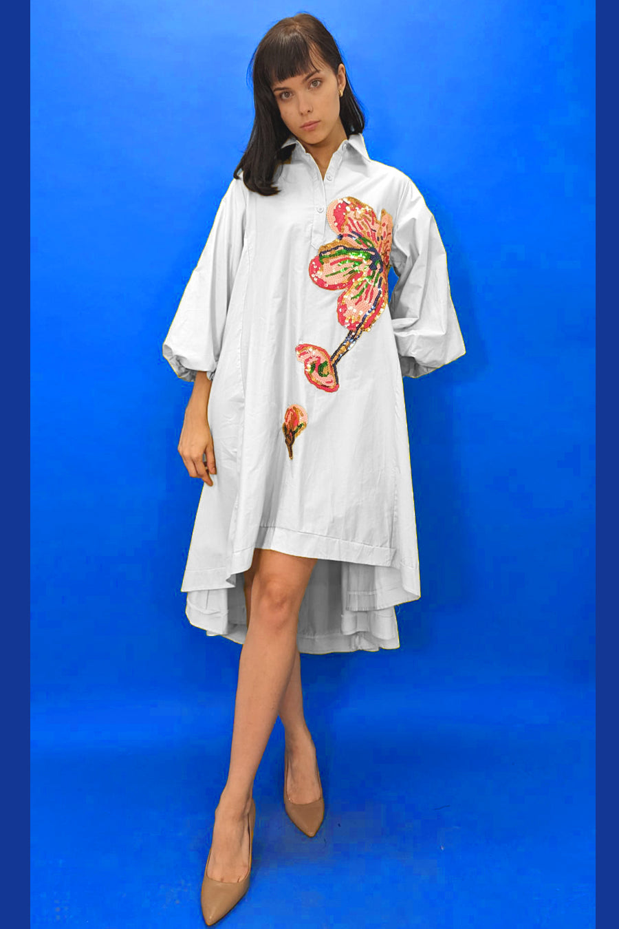 Long Sleeve Sequin High Low Cotton Short Dress