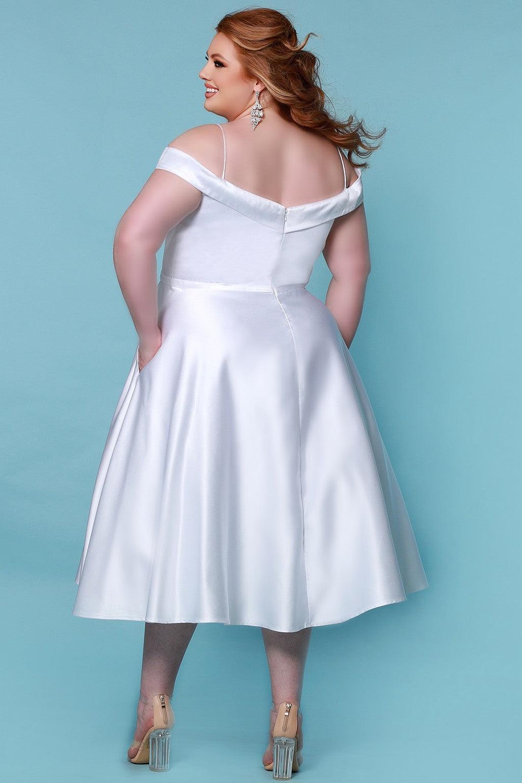 Sydneys Closet SC5280 Bridal Off Shoulder Tea Length Wedding Dress