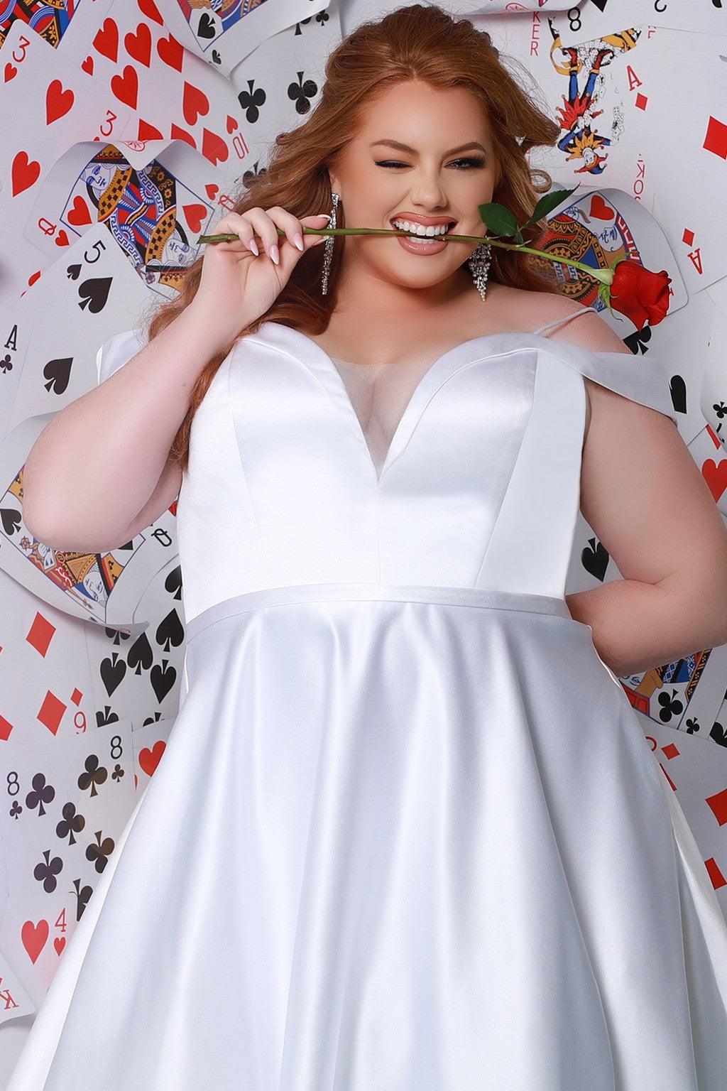 Sydneys Closet SC5280 Bridal Off Shoulder Tea Length Wedding Dress