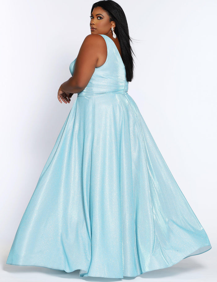  Long Plus Size Metallic Prom Dress Capri