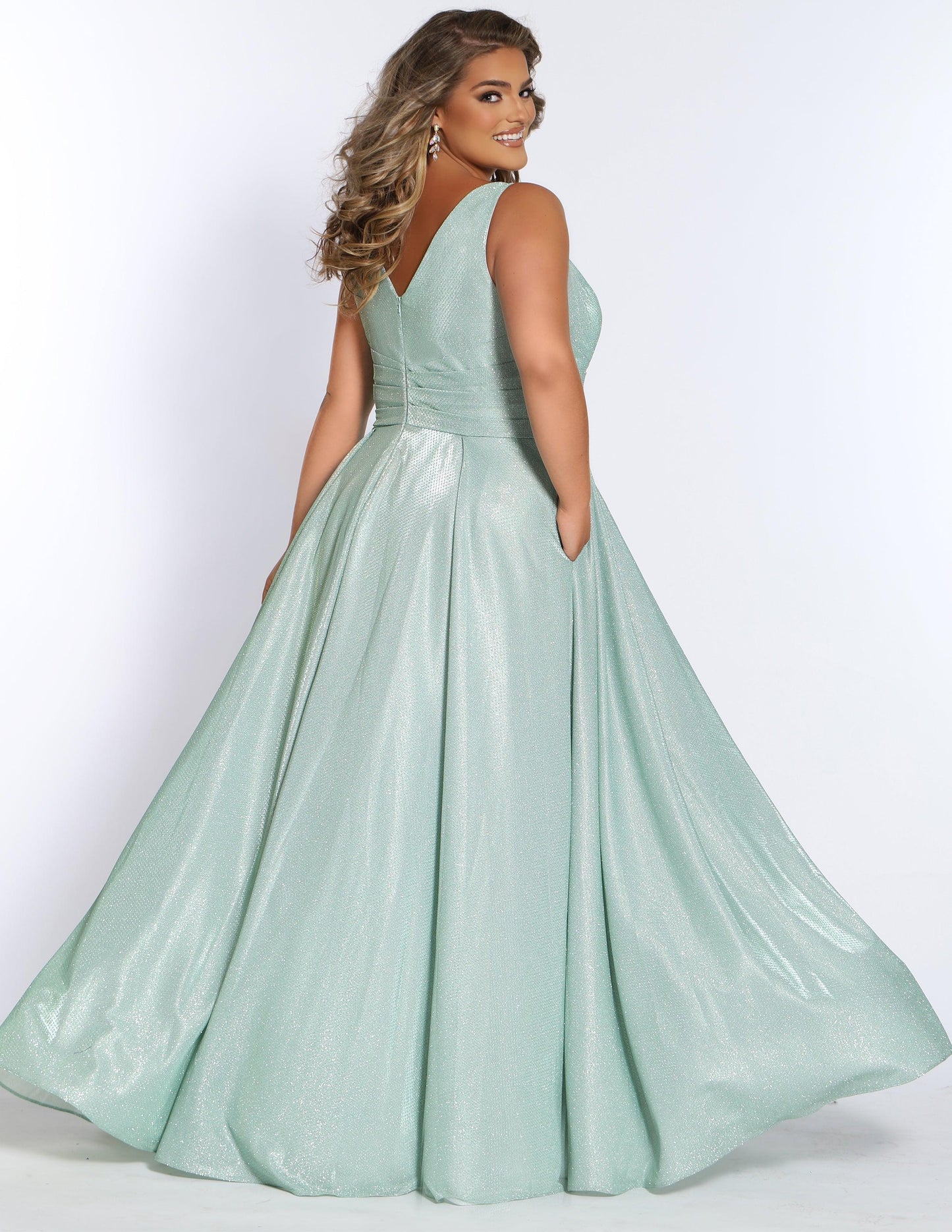 Long Plus Size Metallic Prom Dress Sage
